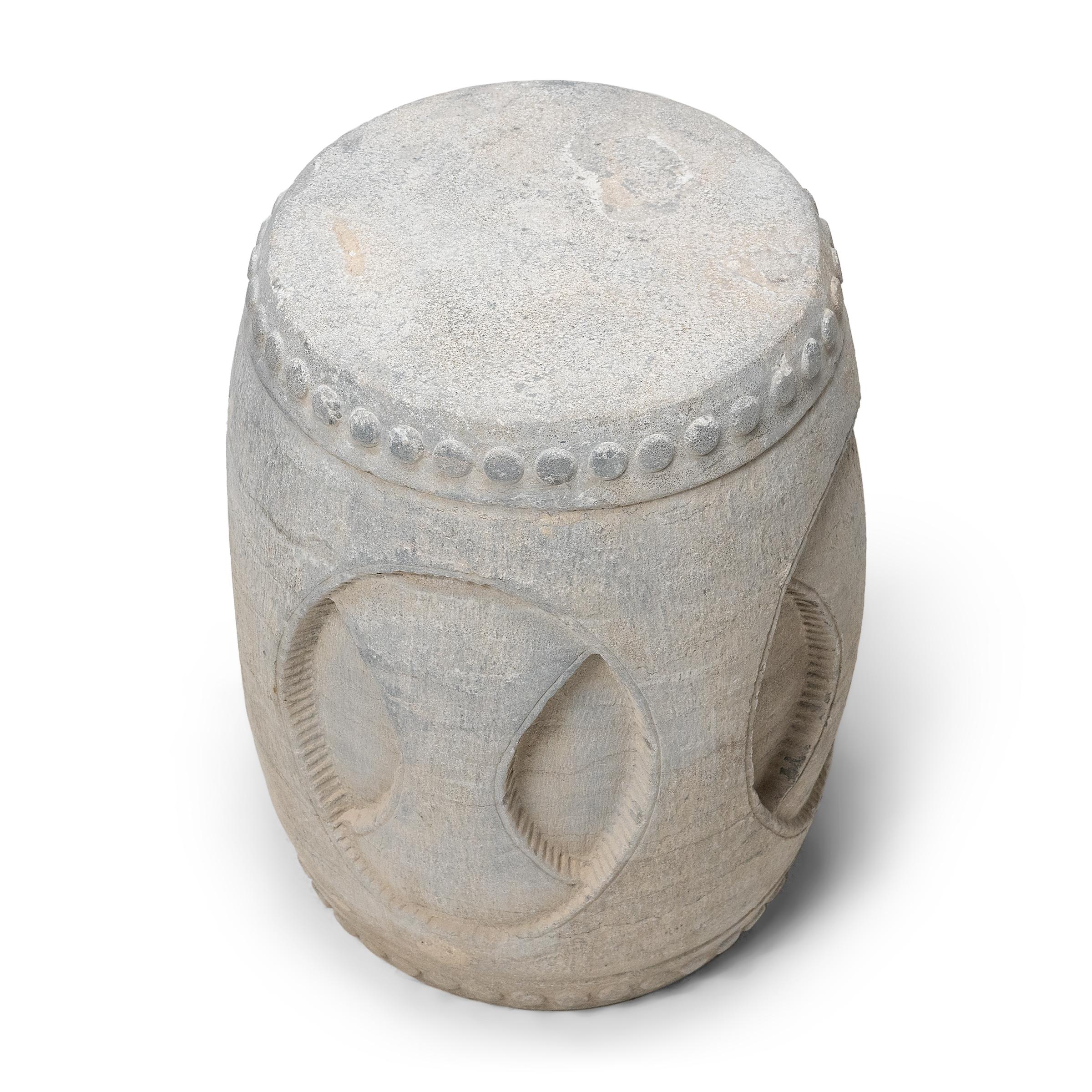 Carved Chinese Interlocking Stone Drum Table For Sale