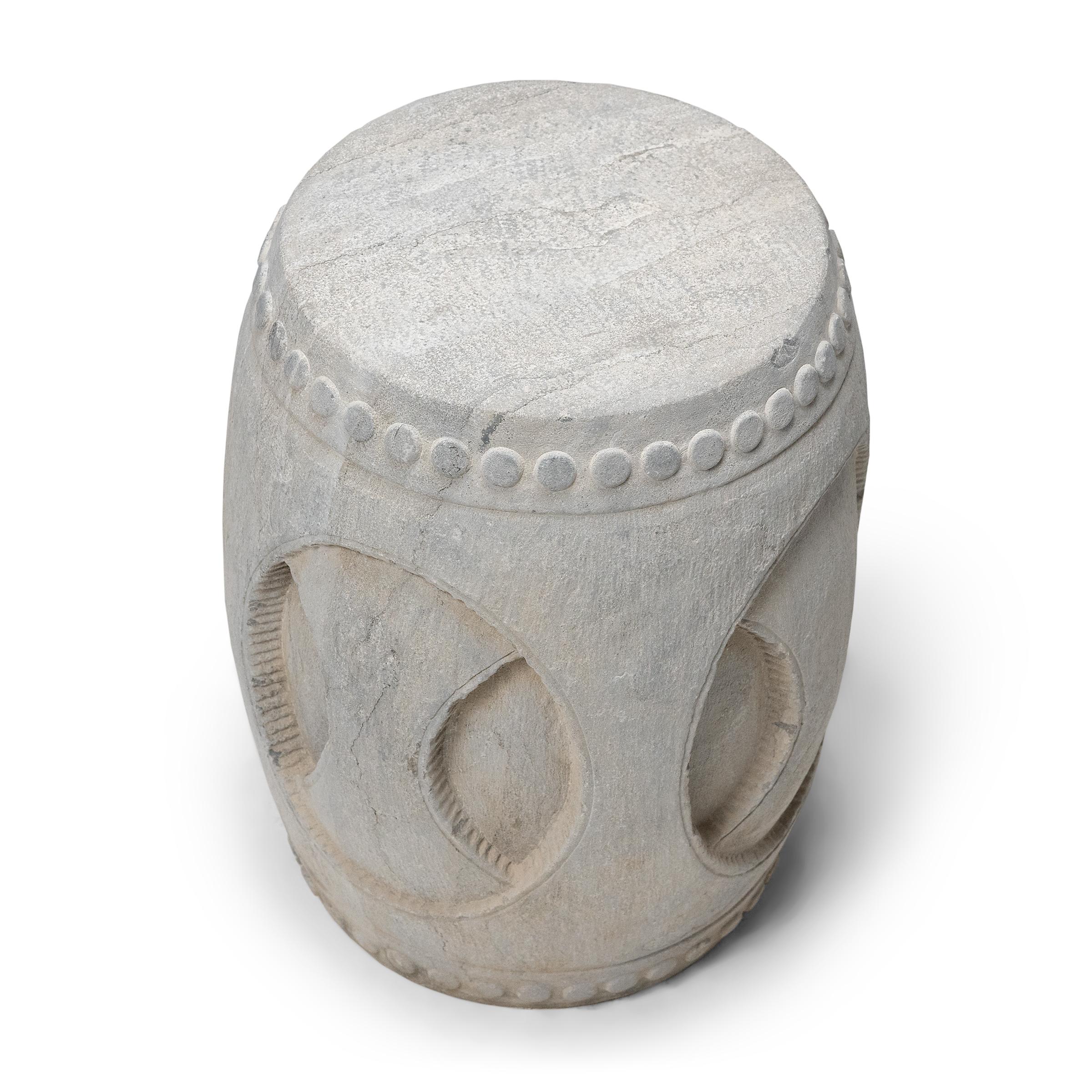 Carved Chinese Interlocking Stone Drum Table