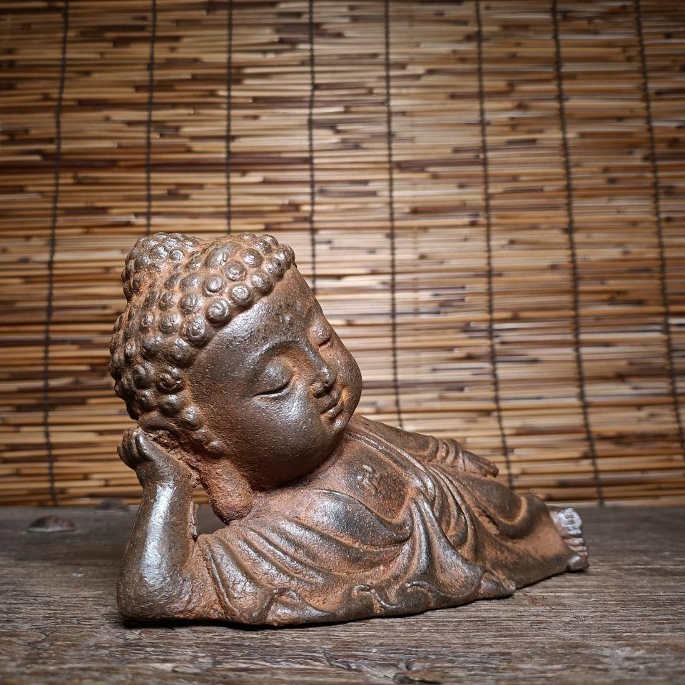 20th Century Vintage Chinese Iron Big Head Sleeping Sakyamuni Buddha Statue For Sale