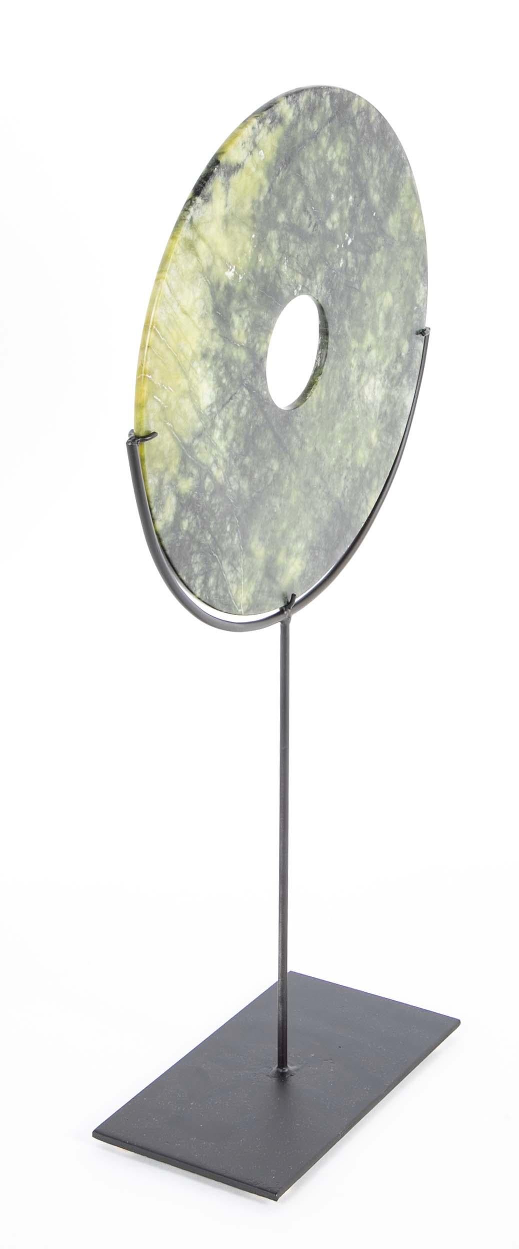 Acier Chinese Jade Bi Disc On Custom Steel Base, Sarge Scale en vente