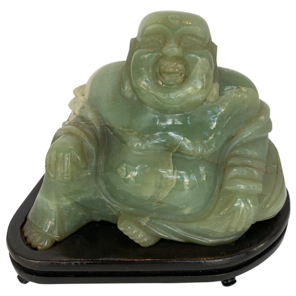 Chinese Green Jade Happy Smiling Buddha Statue Figure with Wood Stand 