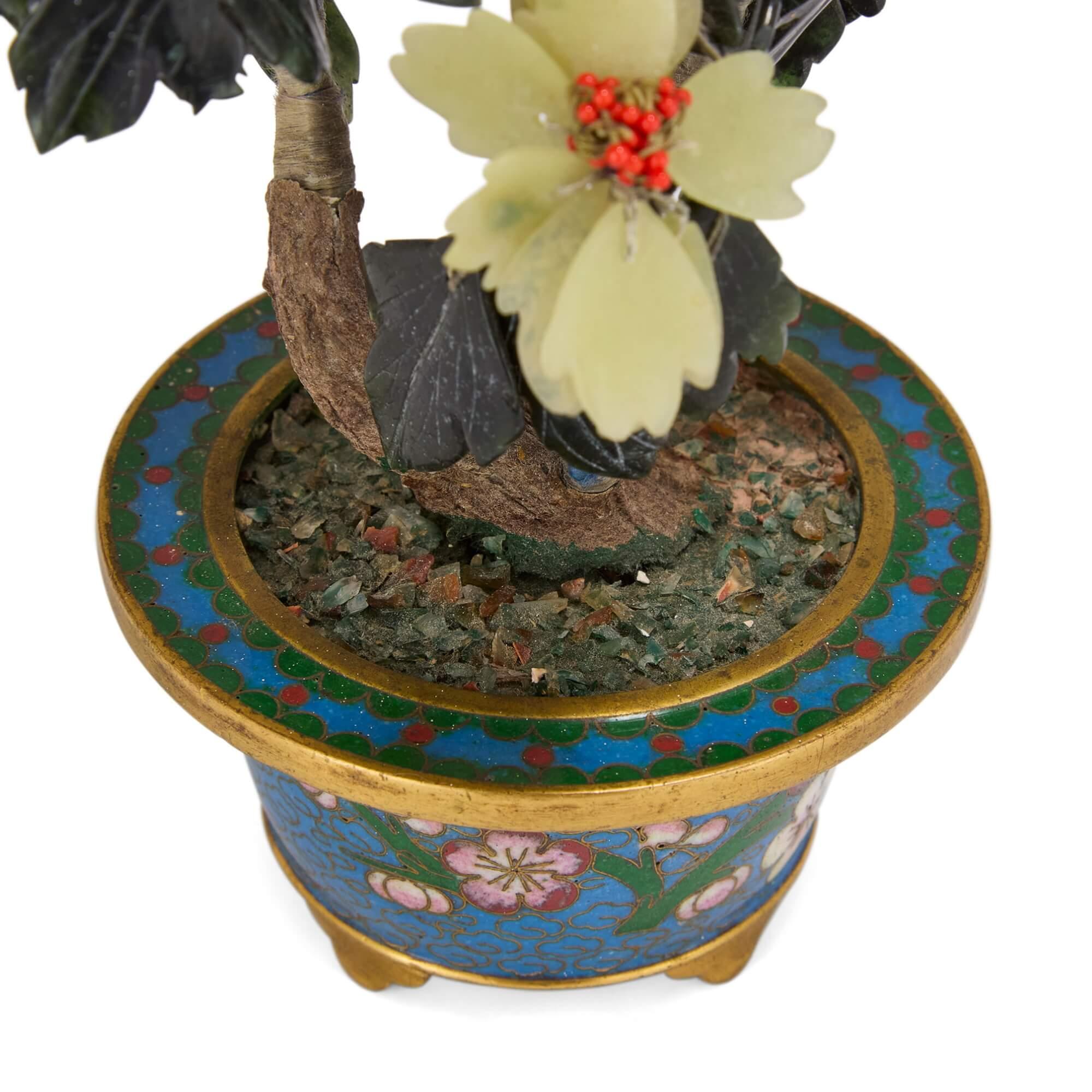 Carved Chinese Jade, Carnelian, and Quartz Flower Model in a Cloisonné Enamel Planter For Sale