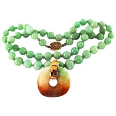 Antique Chinese Jade Disk and Bead Necklace 14 Karat Yellow Gold