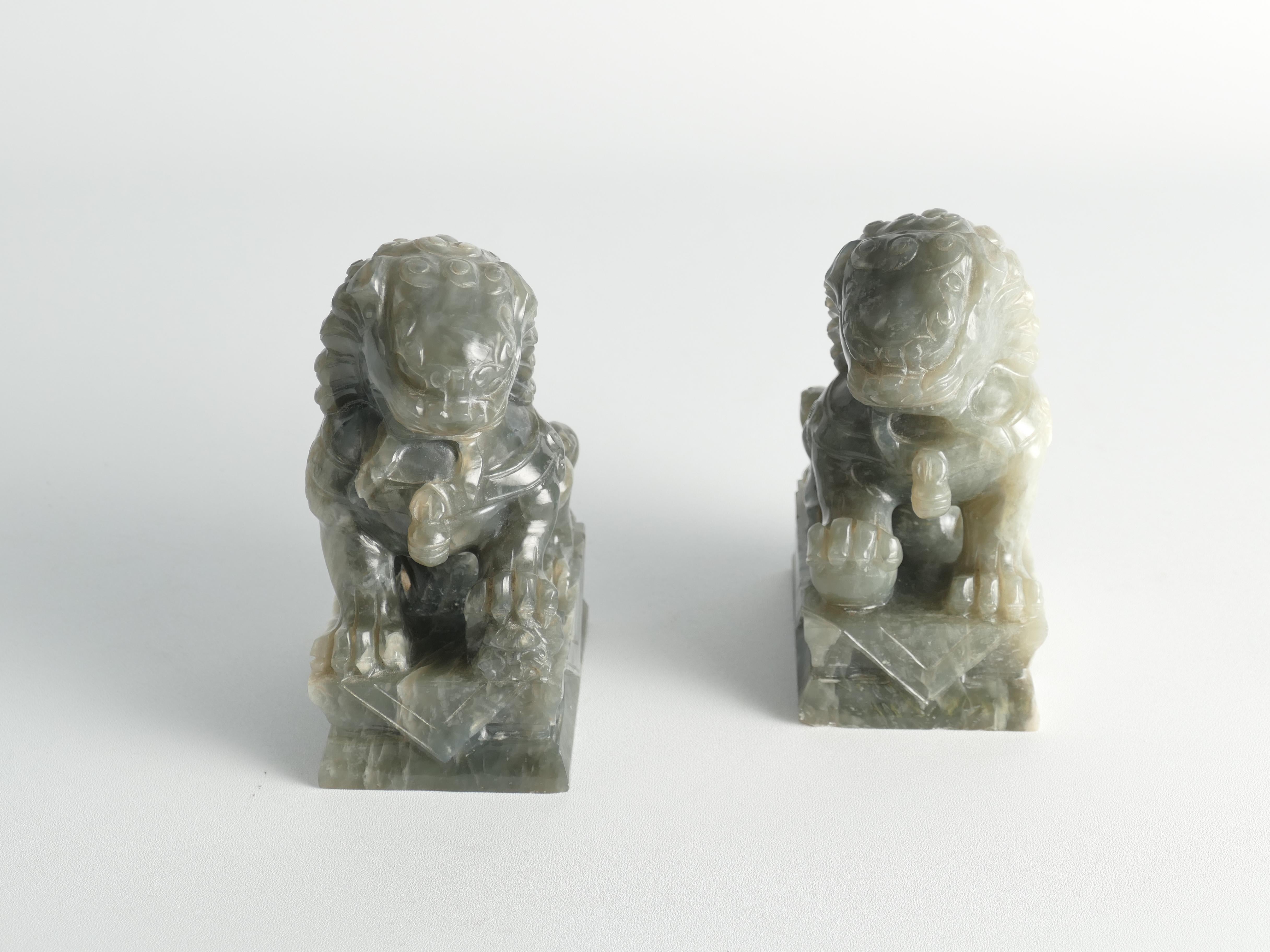 Hand-Carved Chinese Jade Foo Dogs, Set of Two For Sale