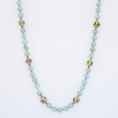 Chinese Jade Gemstone Necklace With Cloisonné Enamel Floral Accent Beads, 1950s