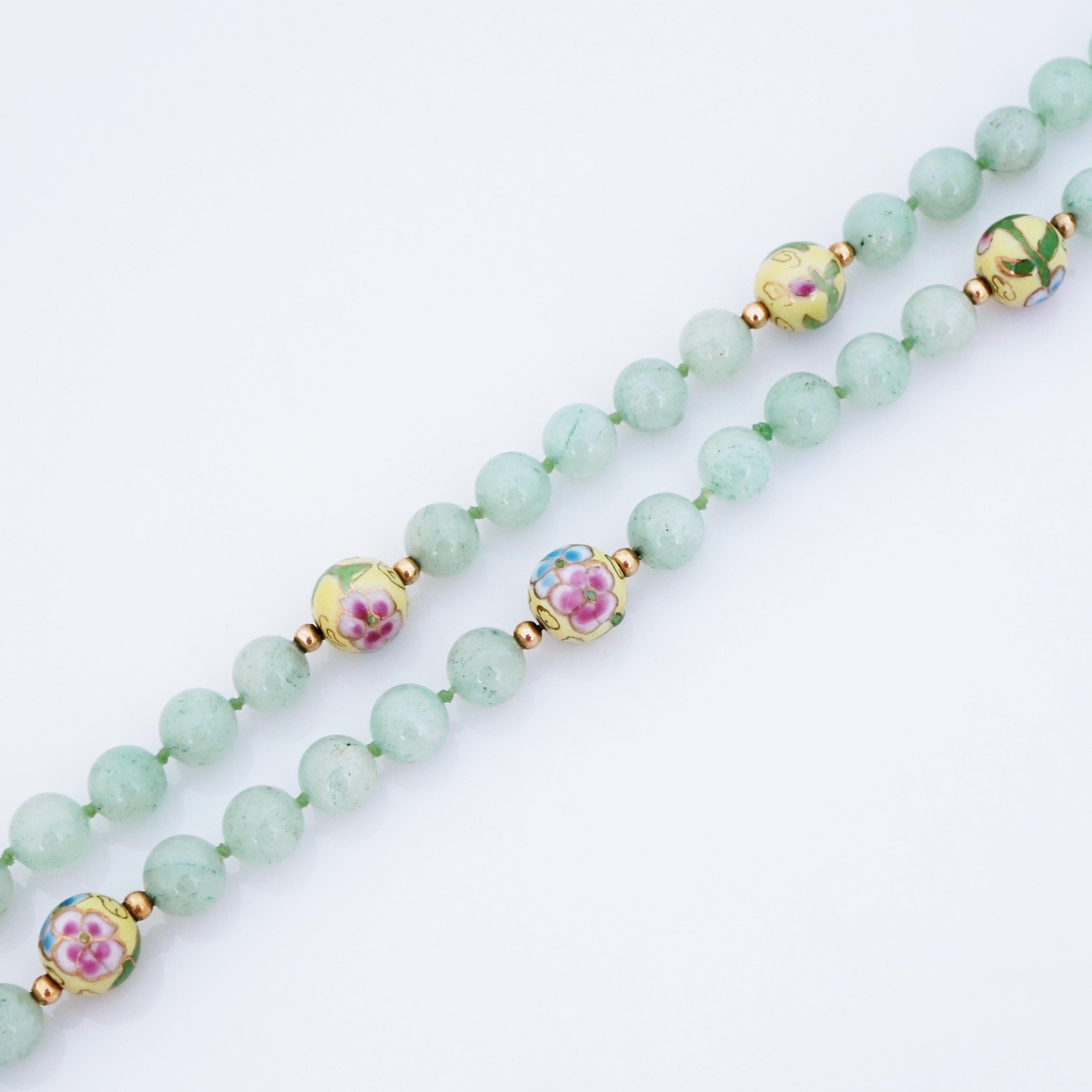 Modern Chinese Jade Gemstone Necklace With Cloisonné Enamel Floral Accent Beads, 1950s For Sale