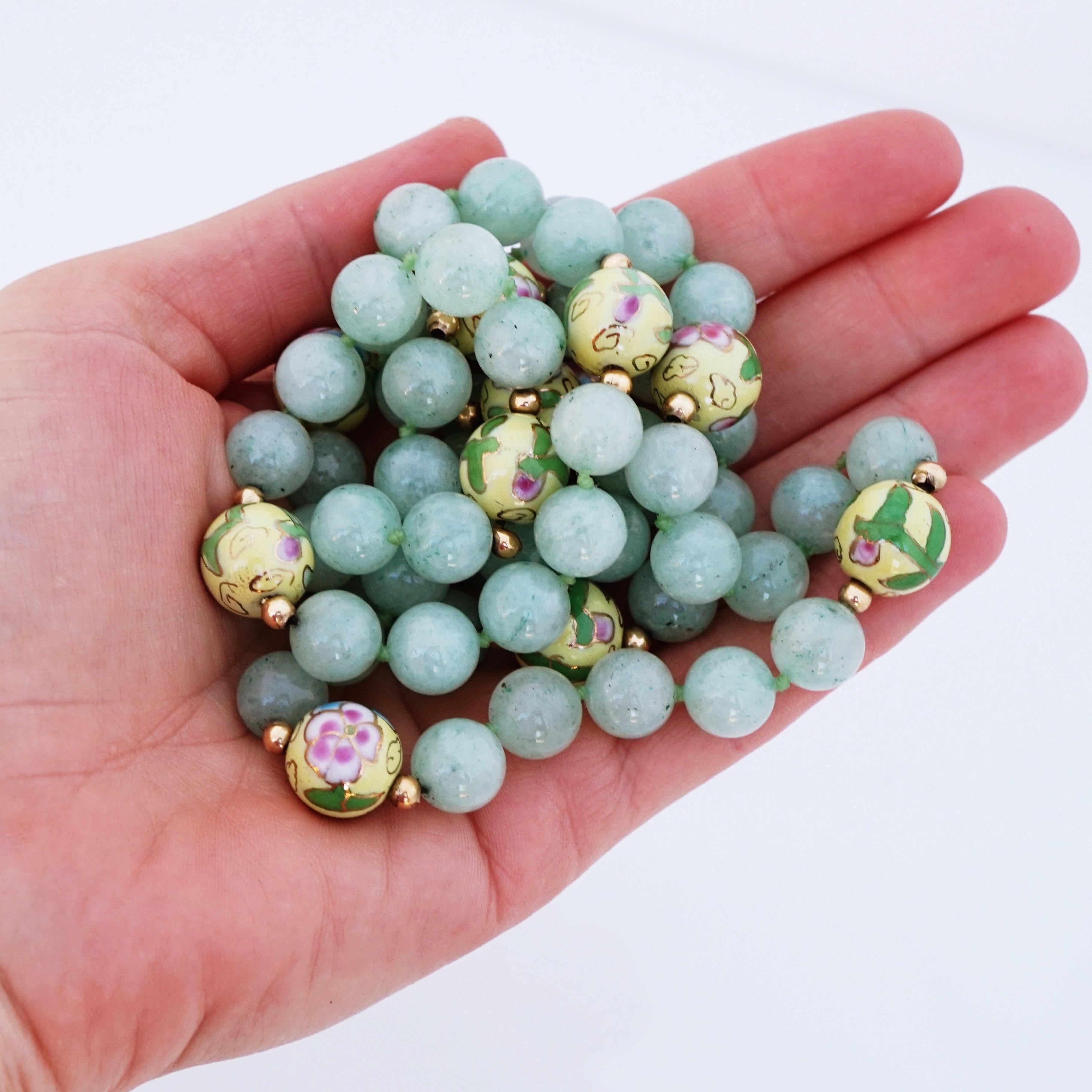 Women's Chinese Jade Gemstone Necklace With Cloisonné Enamel Floral Accent Beads, 1950s For Sale