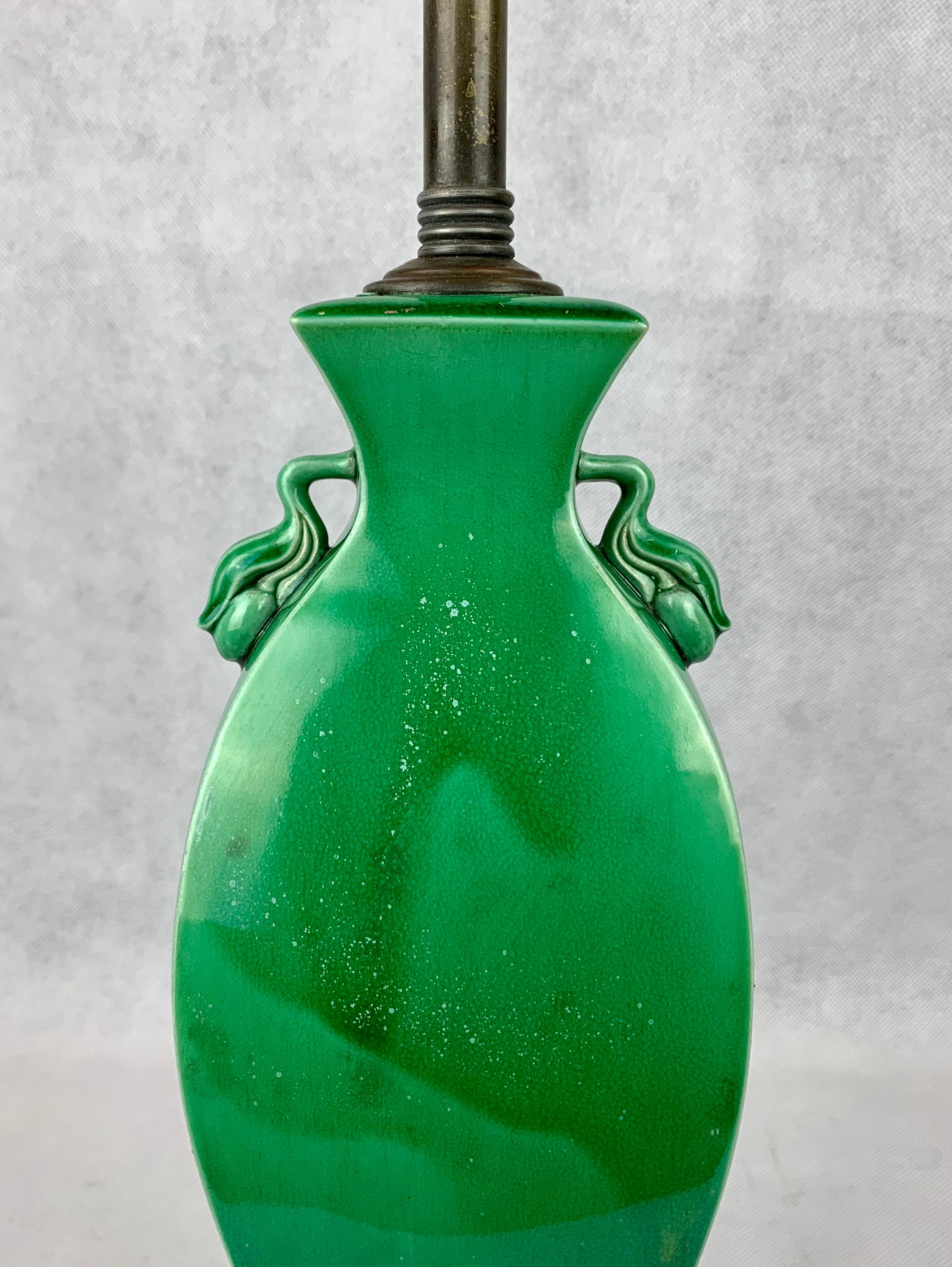 Chinoiserie Chinese Jade Green Porcelain Two Handled Lamp with Matching Finial