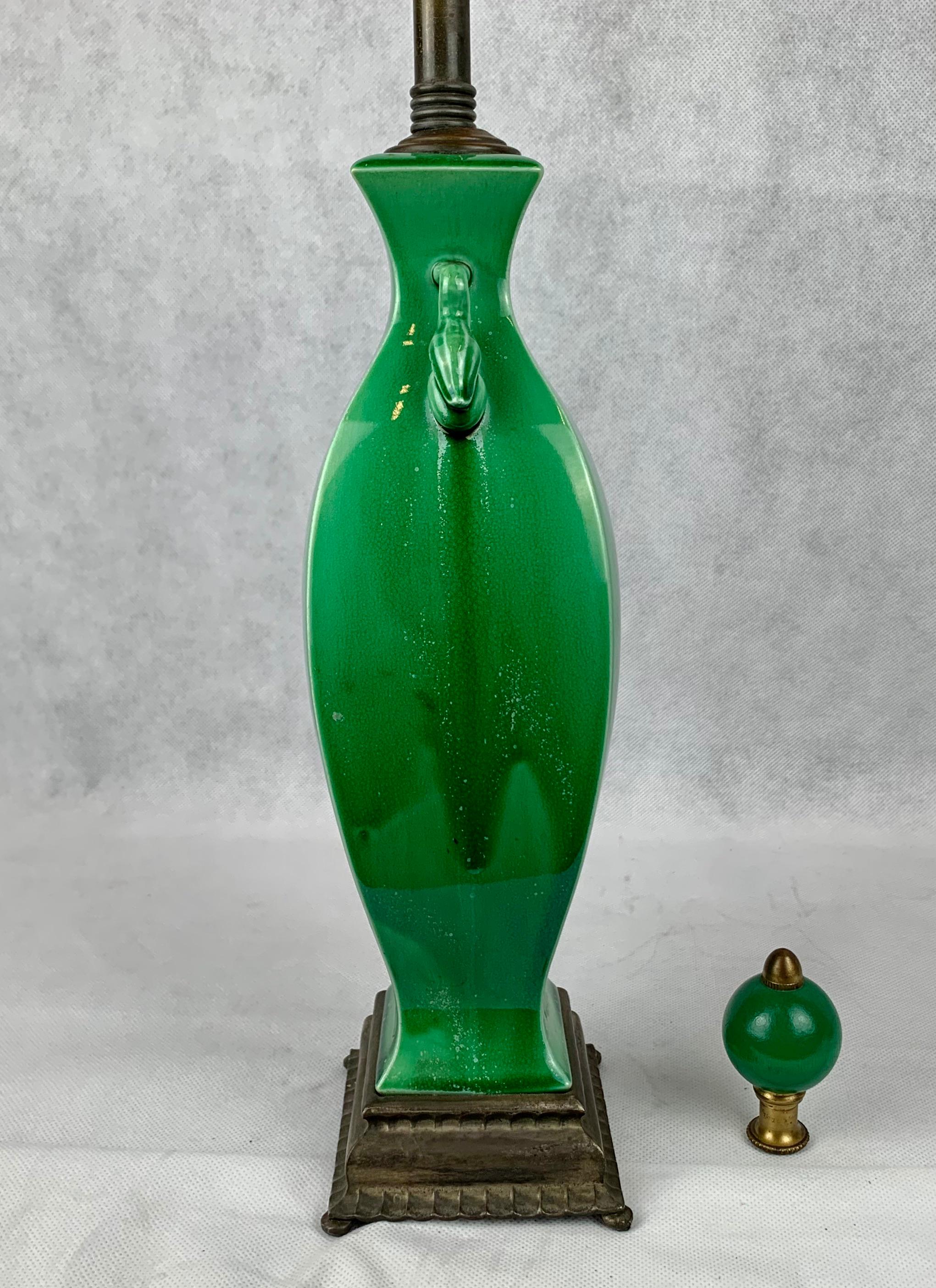 Glazed Chinese Jade Green Porcelain Two Handled Lamp with Matching Finial