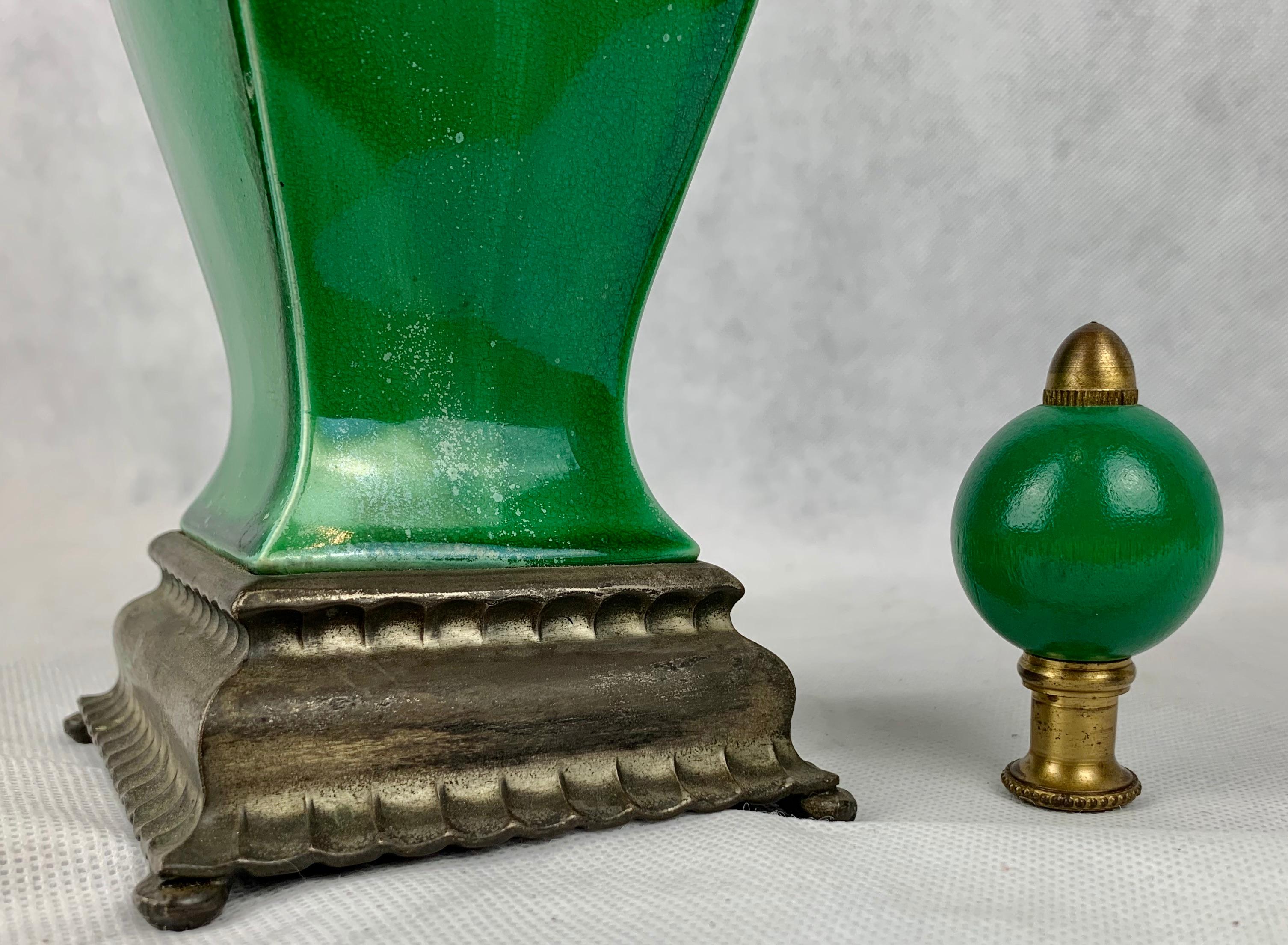 Chinese Jade Green Porcelain Two Handled Lamp with Matching Finial In Good Condition In West Palm Beach, FL