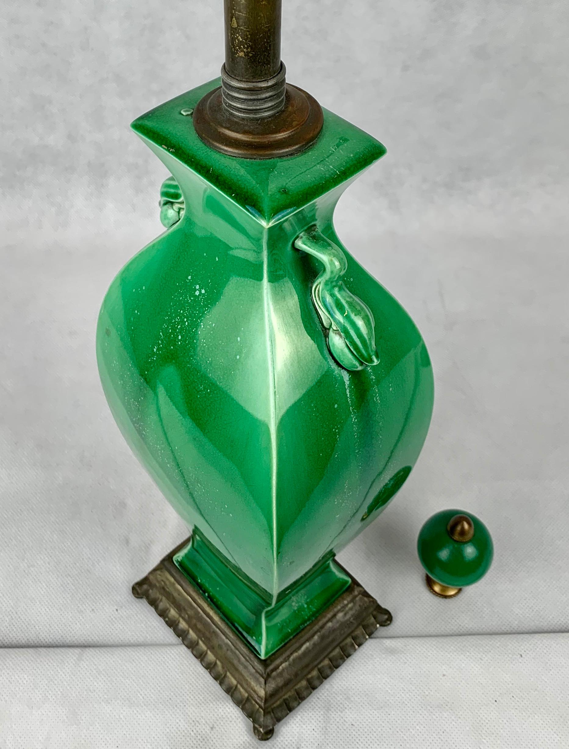 20th Century Chinese Jade Green Porcelain Two Handled Lamp with Matching Finial