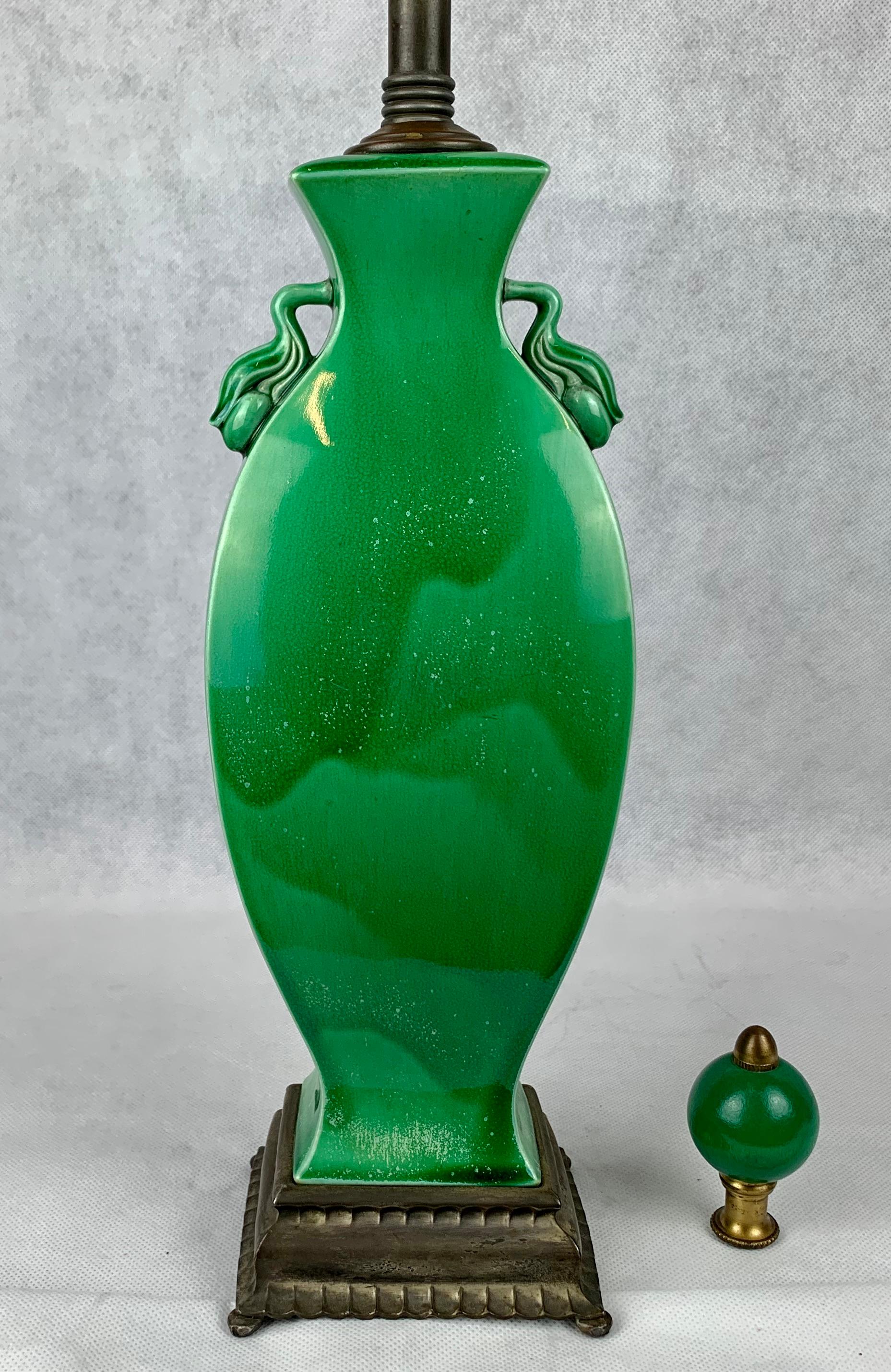 Chinese Jade Green Porcelain Two Handled Lamp with Matching Finial 1