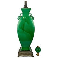 Chinese Jade Green Porcelain Two Handled Lamp with Matching Finial