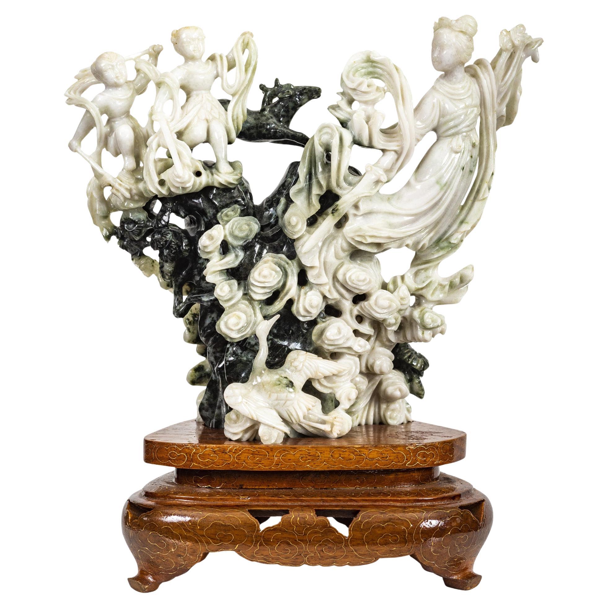 Chinese Jade Group of a Female Deity Ascending the Heavens For Sale
