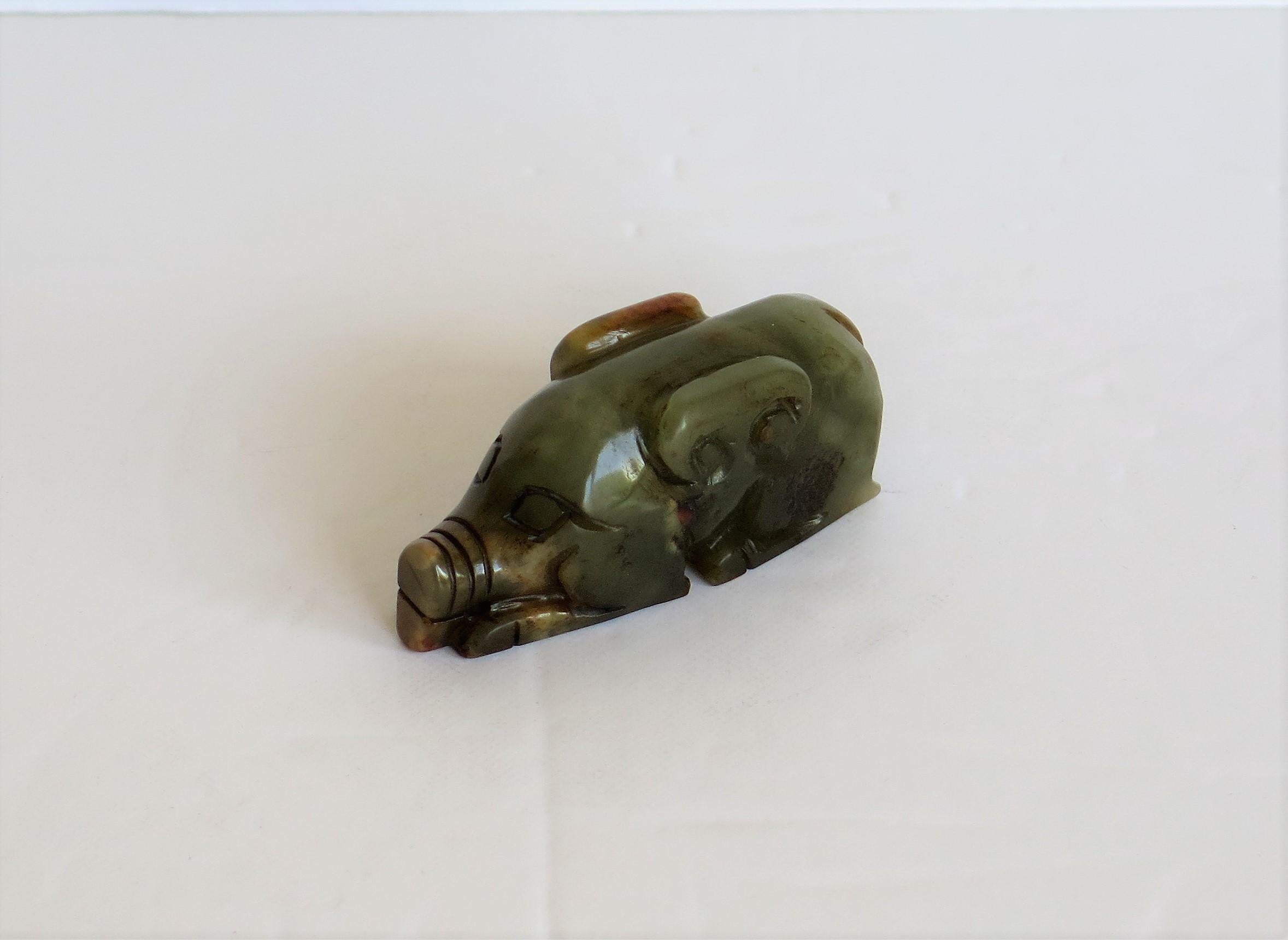 Chinese Jade Hand Carved Pig Talisman Celadon Green and Russet, 19th Century 4
