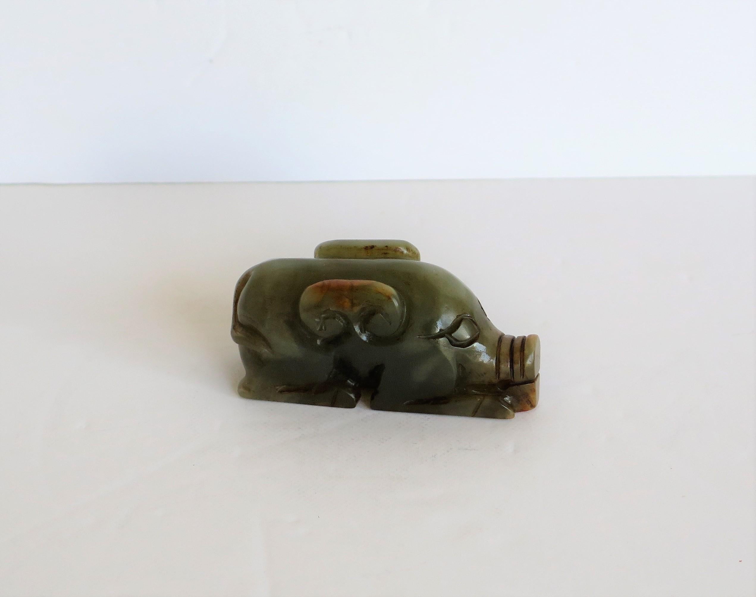 Chinese Jade Hand Carved Pig Talisman Celadon Green and Russet, 19th Century 7