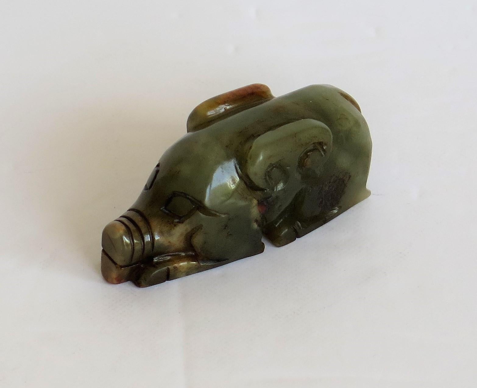 Chinese Jade Hand Carved Pig Talisman Celadon Green and Russet, 19th Century 9