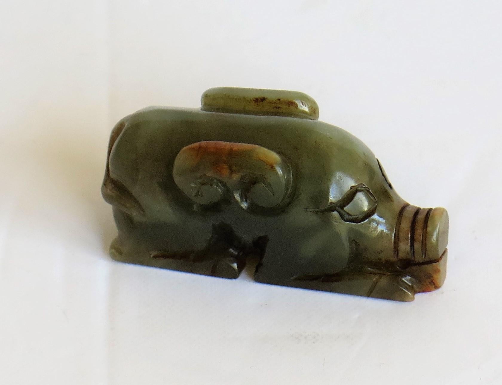 Chinese Jade Hand Carved Pig Talisman Celadon Green and Russet, 19th Century 10