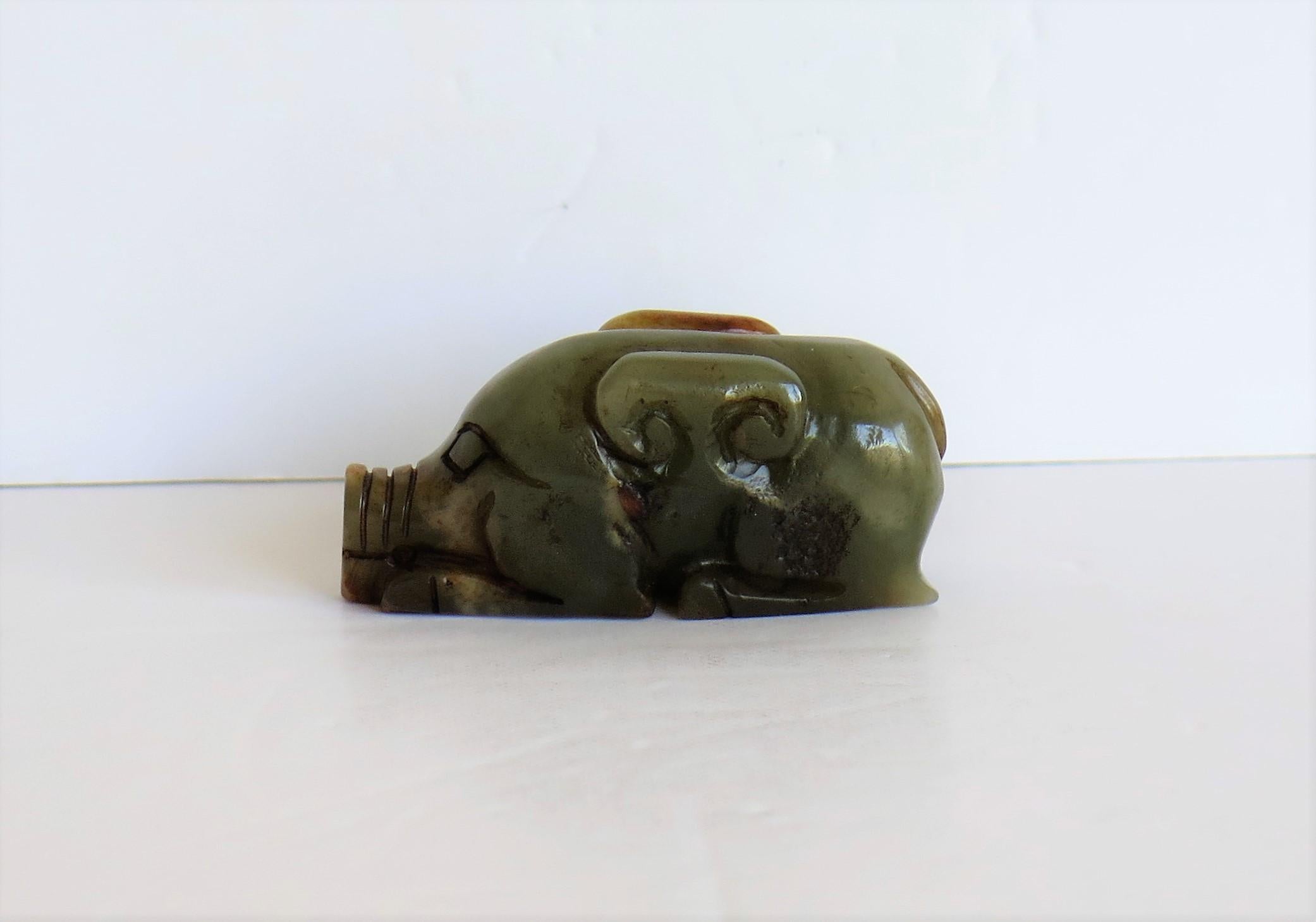 Qing Chinese Jade Hand Carved Pig Talisman Celadon Green and Russet, 19th Century