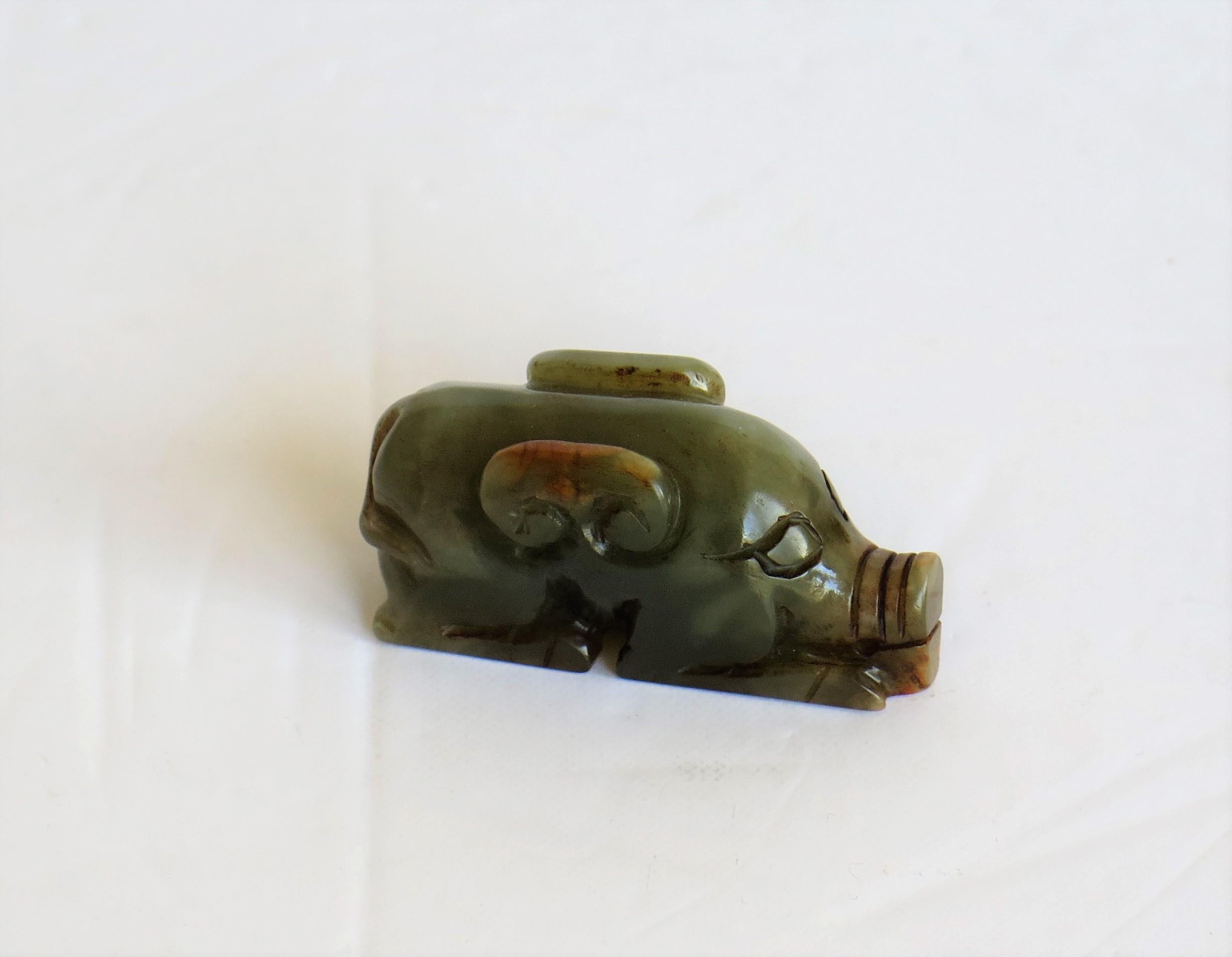 Chinese Jade Hand Carved Pig Talisman Celadon Green and Russet, 19th Century 2