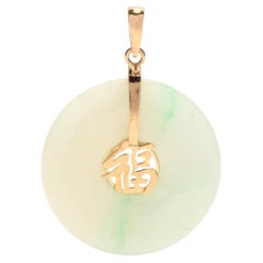 Chinesischer Jade-Anhänger, runder Jade-Anhänger, 14k Gold, hellgrüner Jade-Anhänger