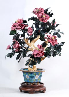 Chinese Jade/Stone Flower Tree in Cloisonné Planter