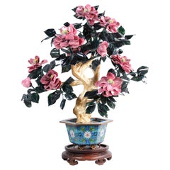 Chinese Jade/Stone Flower Tree in Cloisonné Planter