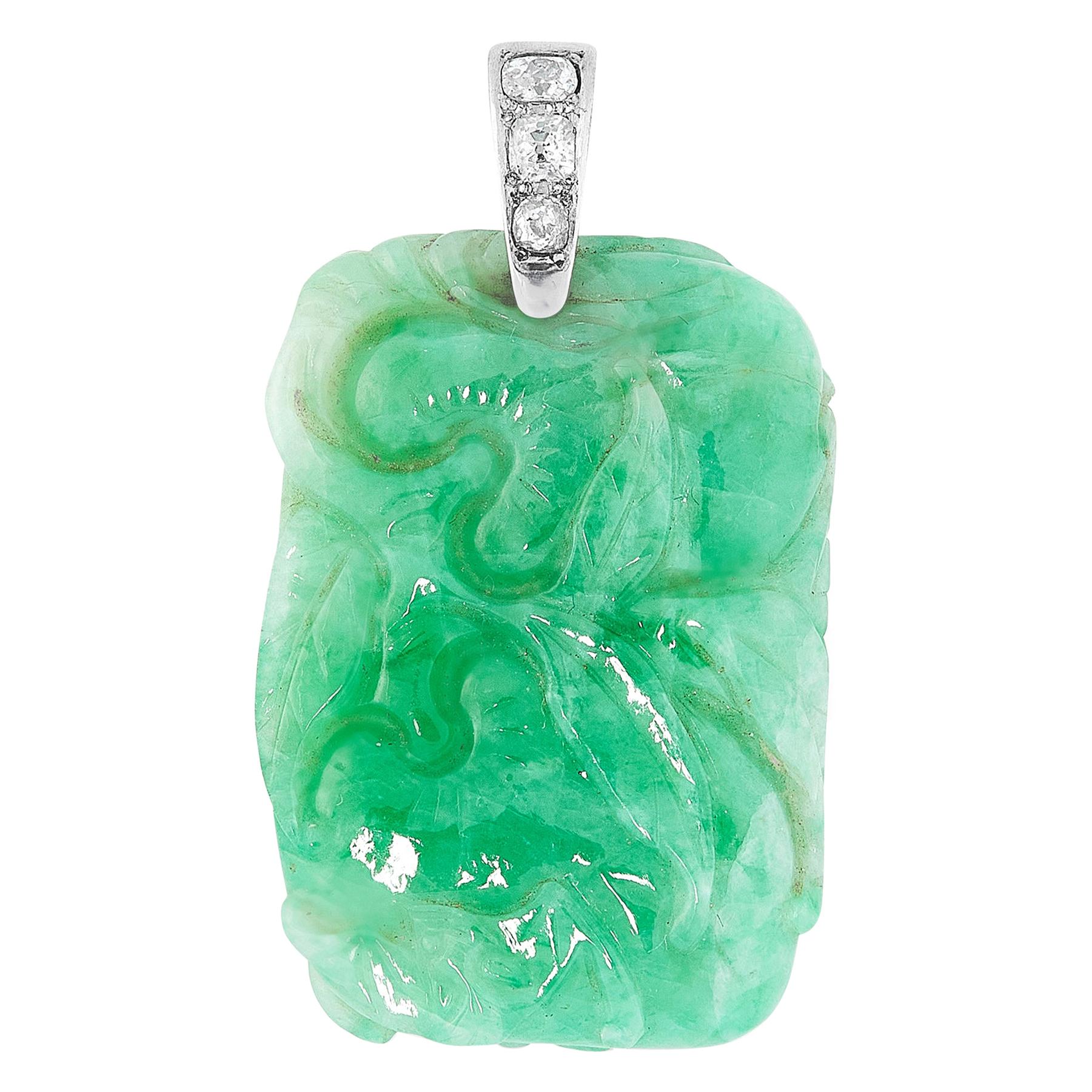 Chinese Jadeite Jade and Diamond Pendant For Sale