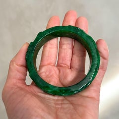 Jadeite Jade Crane Bird Shòu Mid-Century Carved Bangle Bracelet