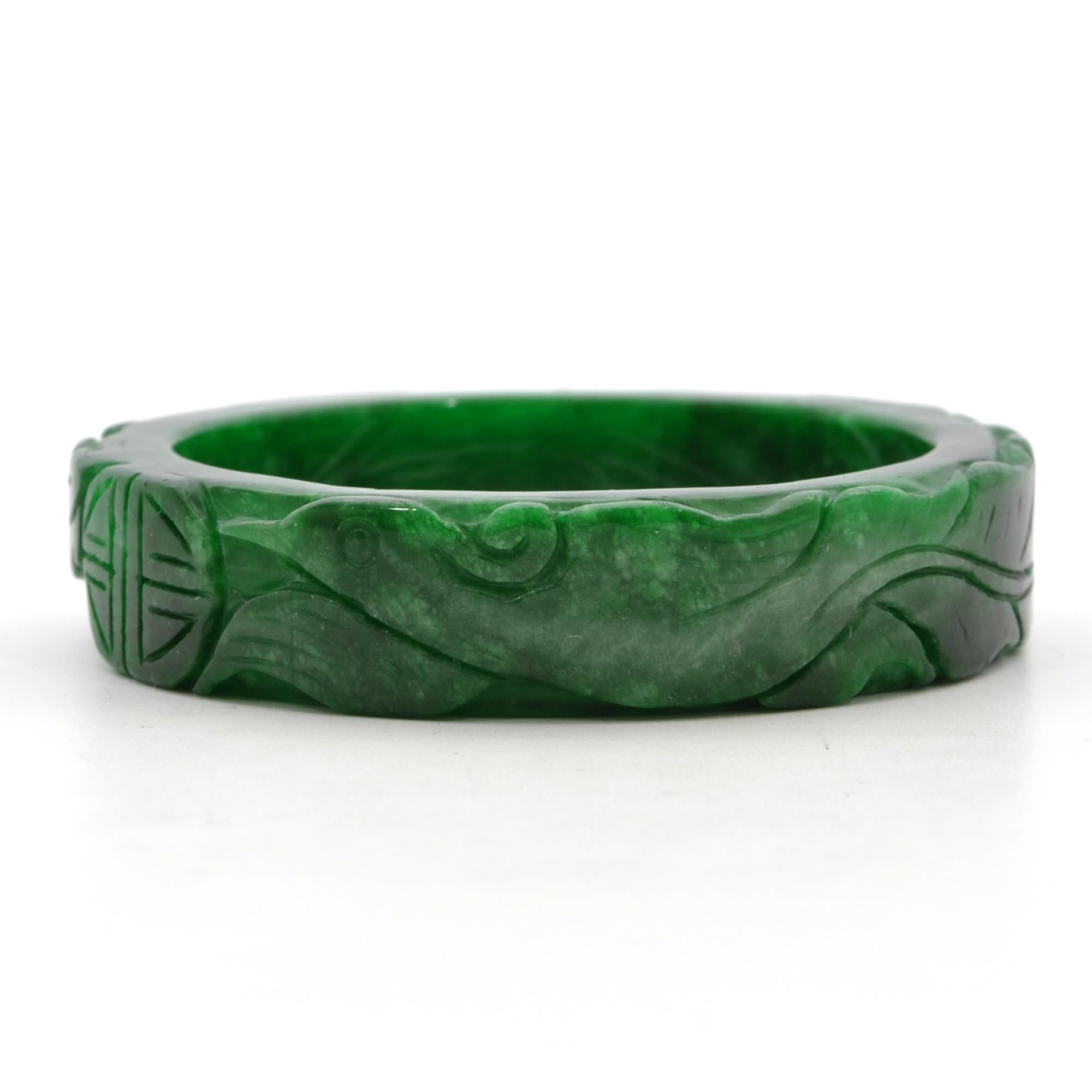 Round Cut Jadeite Jade Crane Bird Shòu Mid-Century Carved Bangle Bracelet For Sale