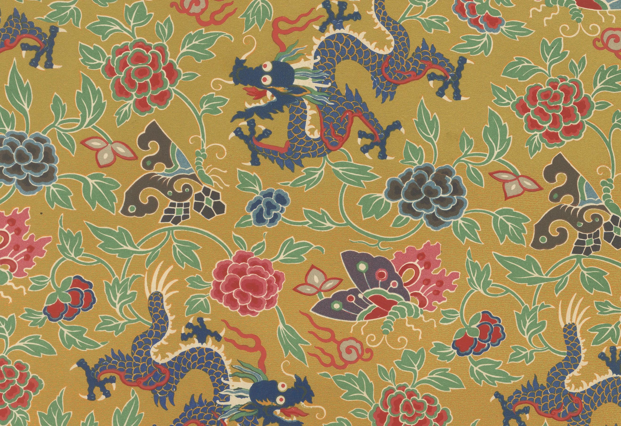 Français Motif de dragon chinois et japonais - Lithographie ancienne de designs textiles, vers 1869 en vente