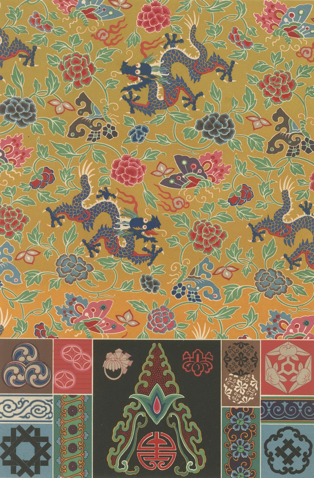 Motif de dragon chinois et japonais - Lithographie ancienne de designs textiles, vers 1869 Bon état - En vente à Langweer, NL