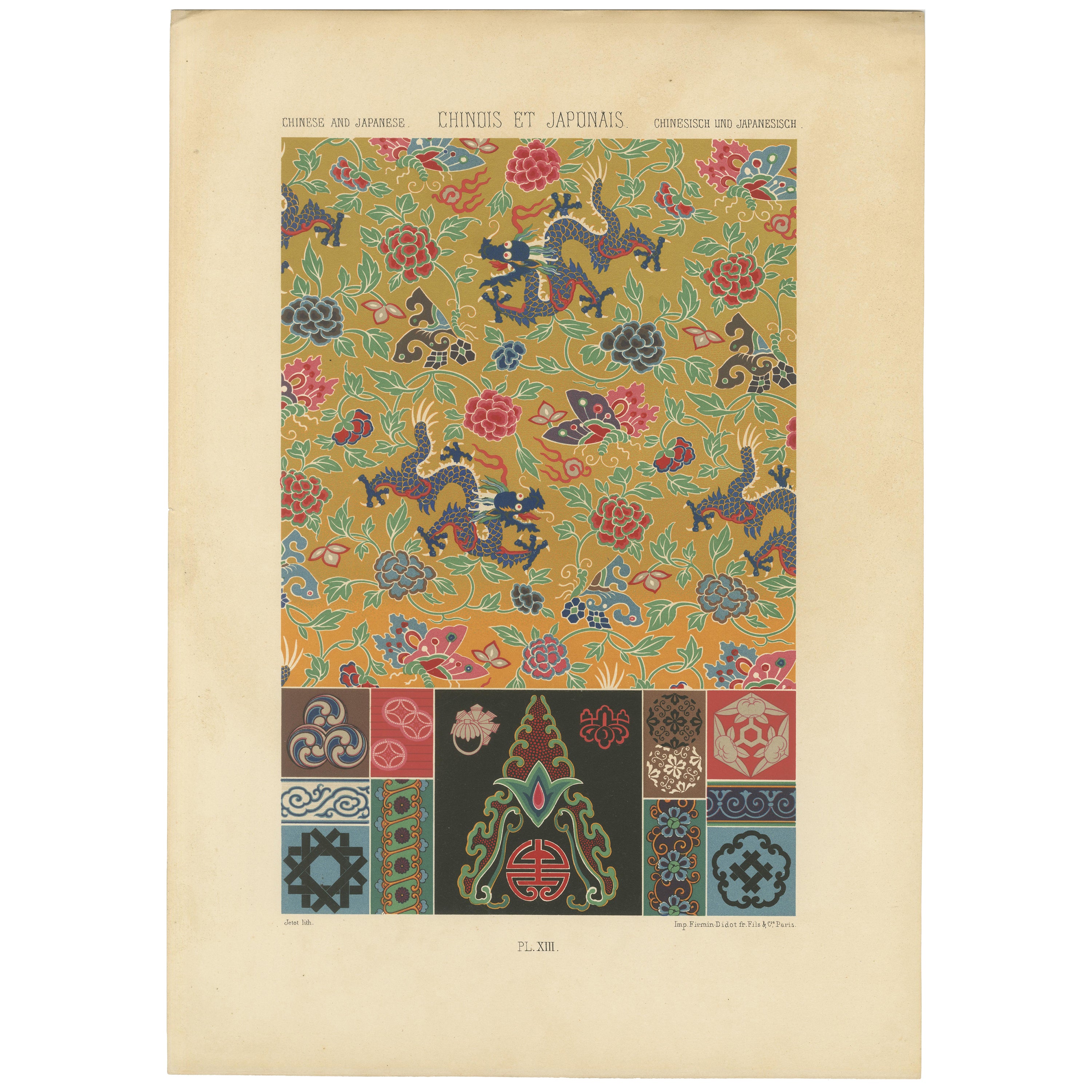Motivo del Dragón Chino y Japonés - Litografía antigua de diseños textiles, ca.1869 en venta
