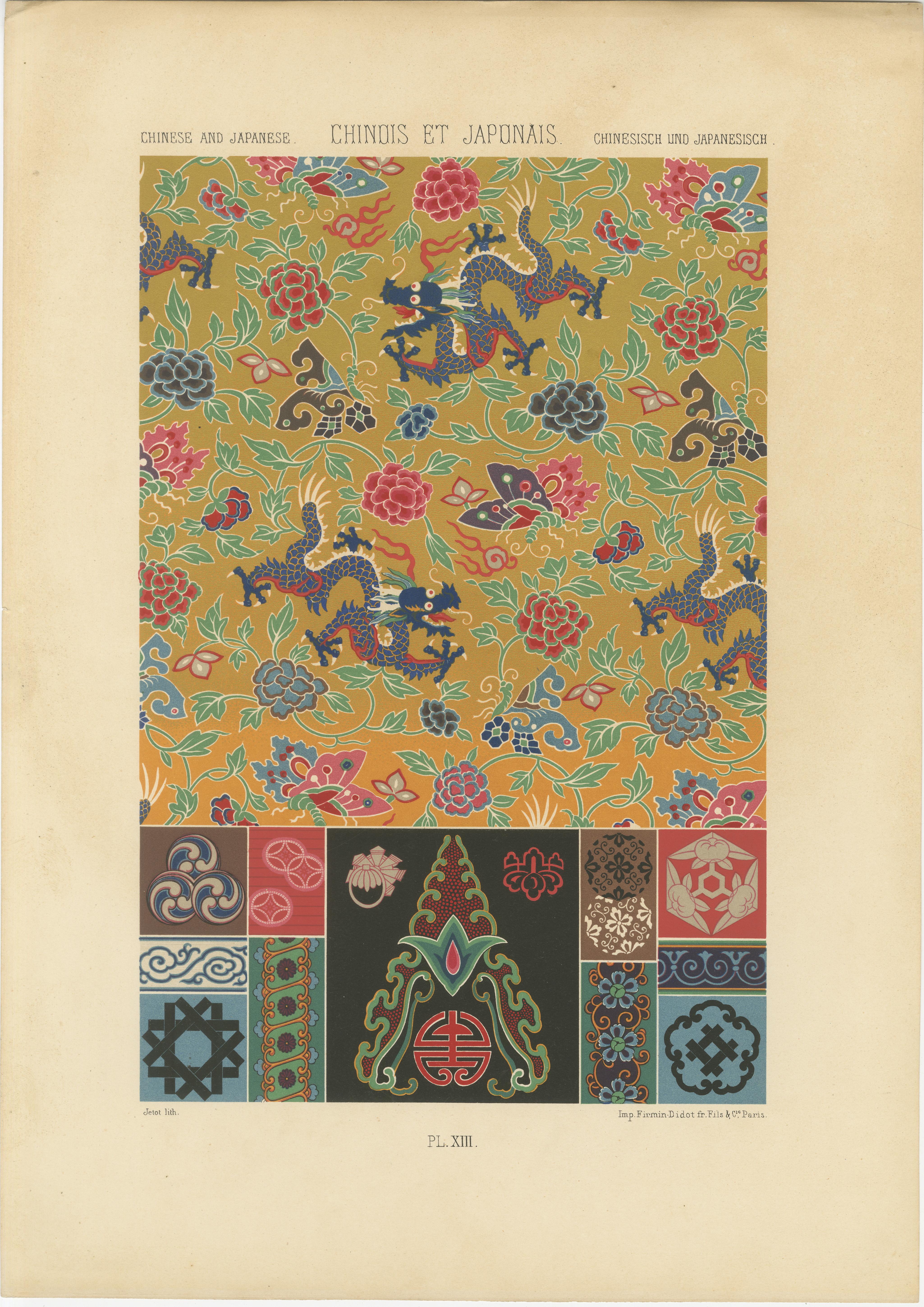 Motif de dragon chinois et japonais - Lithographie ancienne de designs textiles, vers 1869