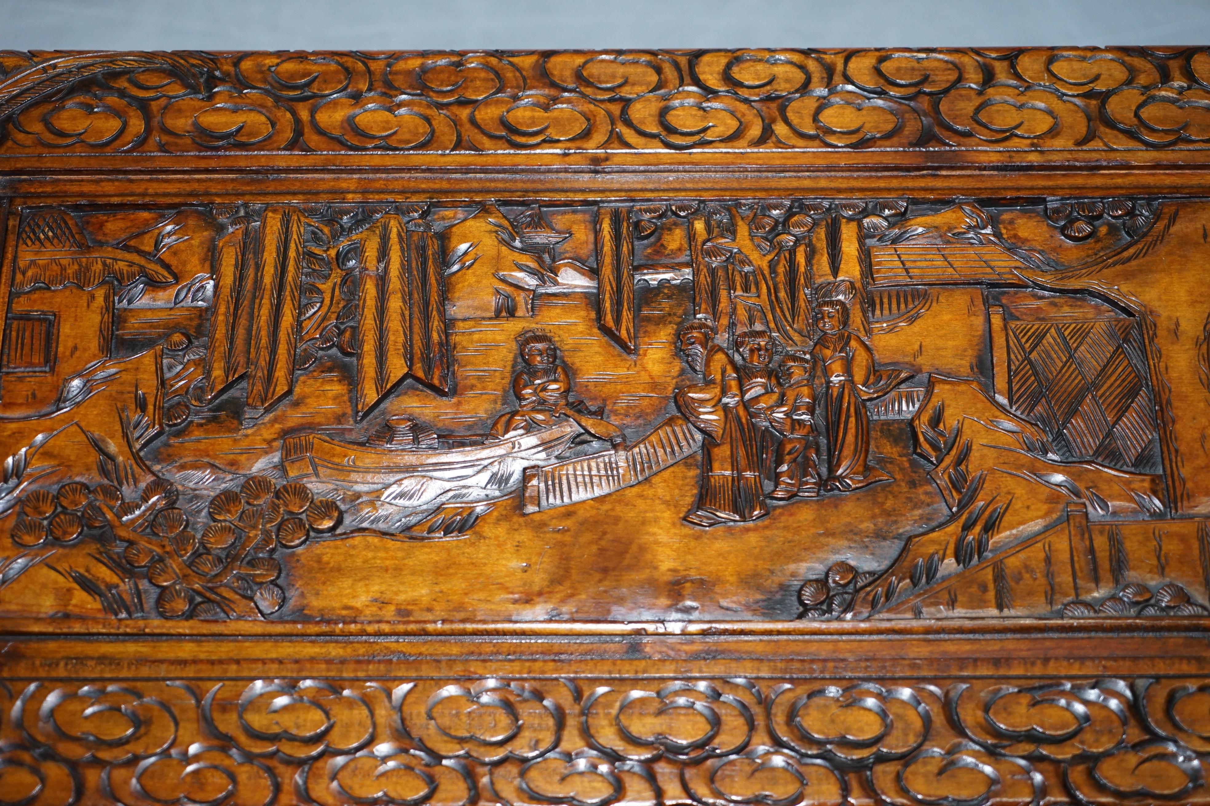 Hand-Carved Chinese Japanese Export Claw & Ball Vintage Chest Trunk Box Cranes Rural Schenes