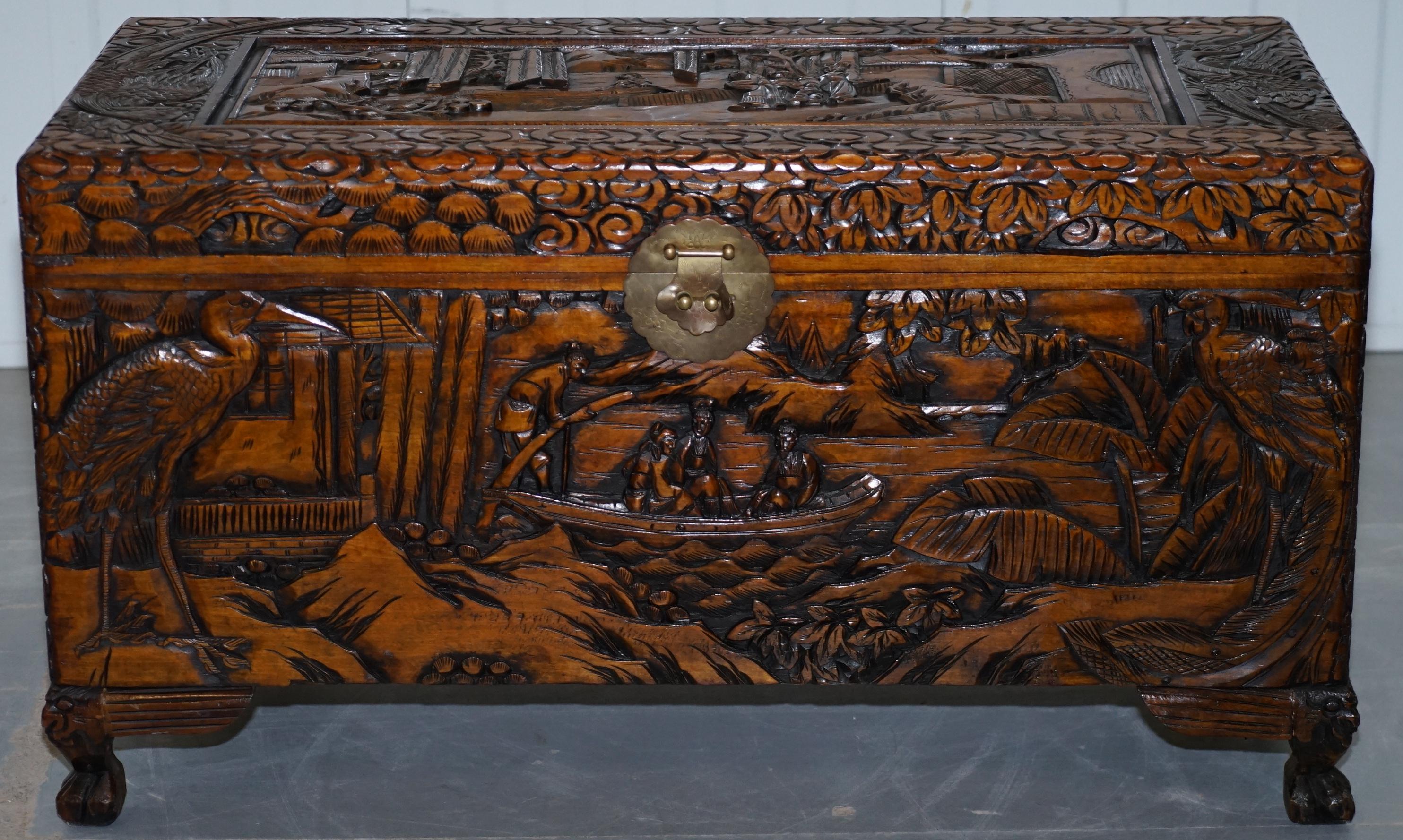 20th Century Chinese Japanese Export Claw & Ball Vintage Chest Trunk Box Cranes Rural Schenes