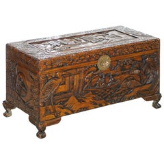 Chinese Japanese Export Claw & Ball Antique Chest Trunk Box Cranes Rural Schenes