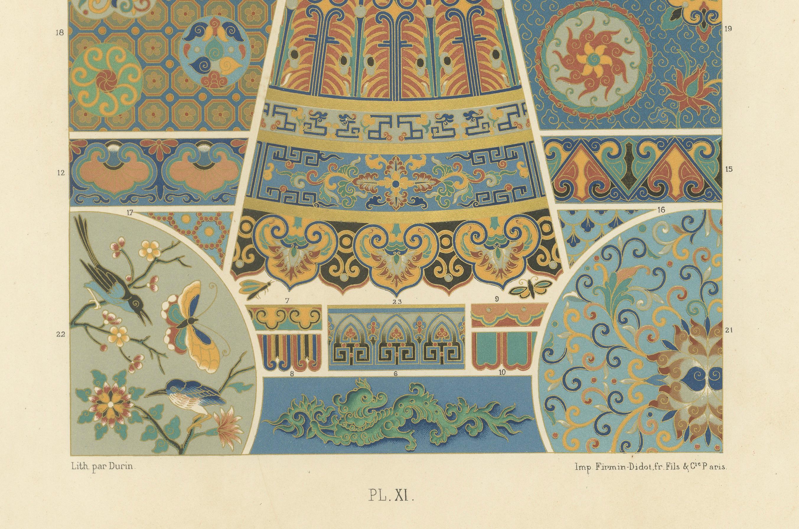 Français Gravure d'ornement chinois et japonais - Lithographie des Arts Decoratifs Asiatiques, ca.1869 en vente