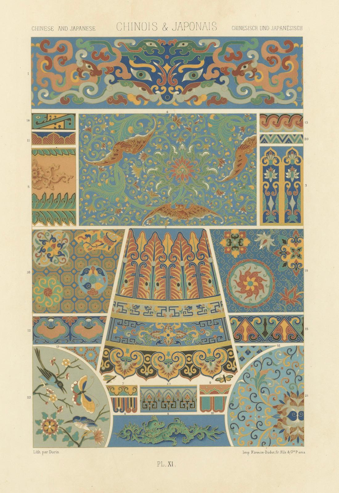 Papier Gravure d'ornement chinois et japonais - Lithographie des Arts Decoratifs Asiatiques, ca.1869 en vente