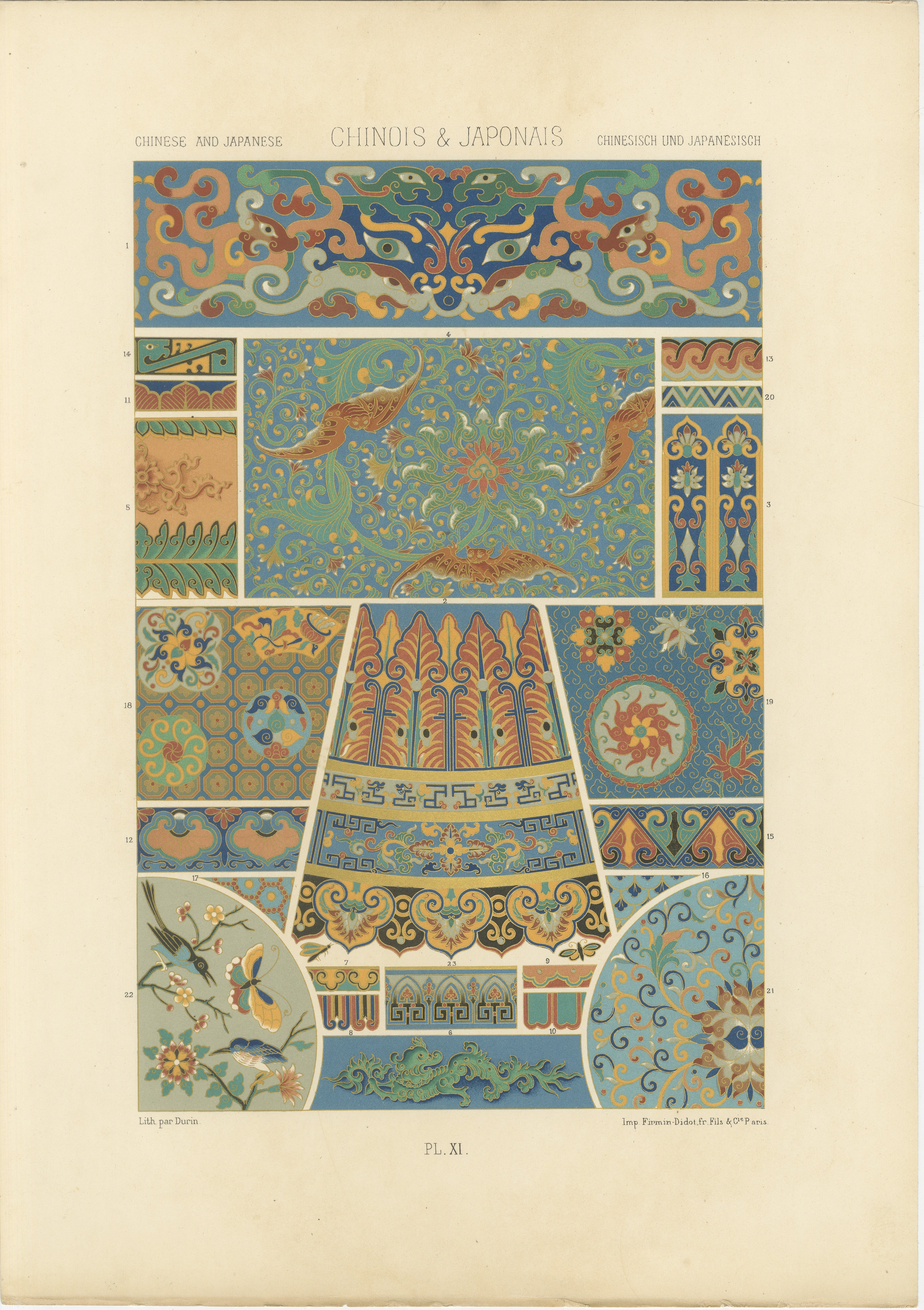 Gravure d'ornement chinois et japonais - Lithographie des Arts Decoratifs Asiatiques, ca.1869