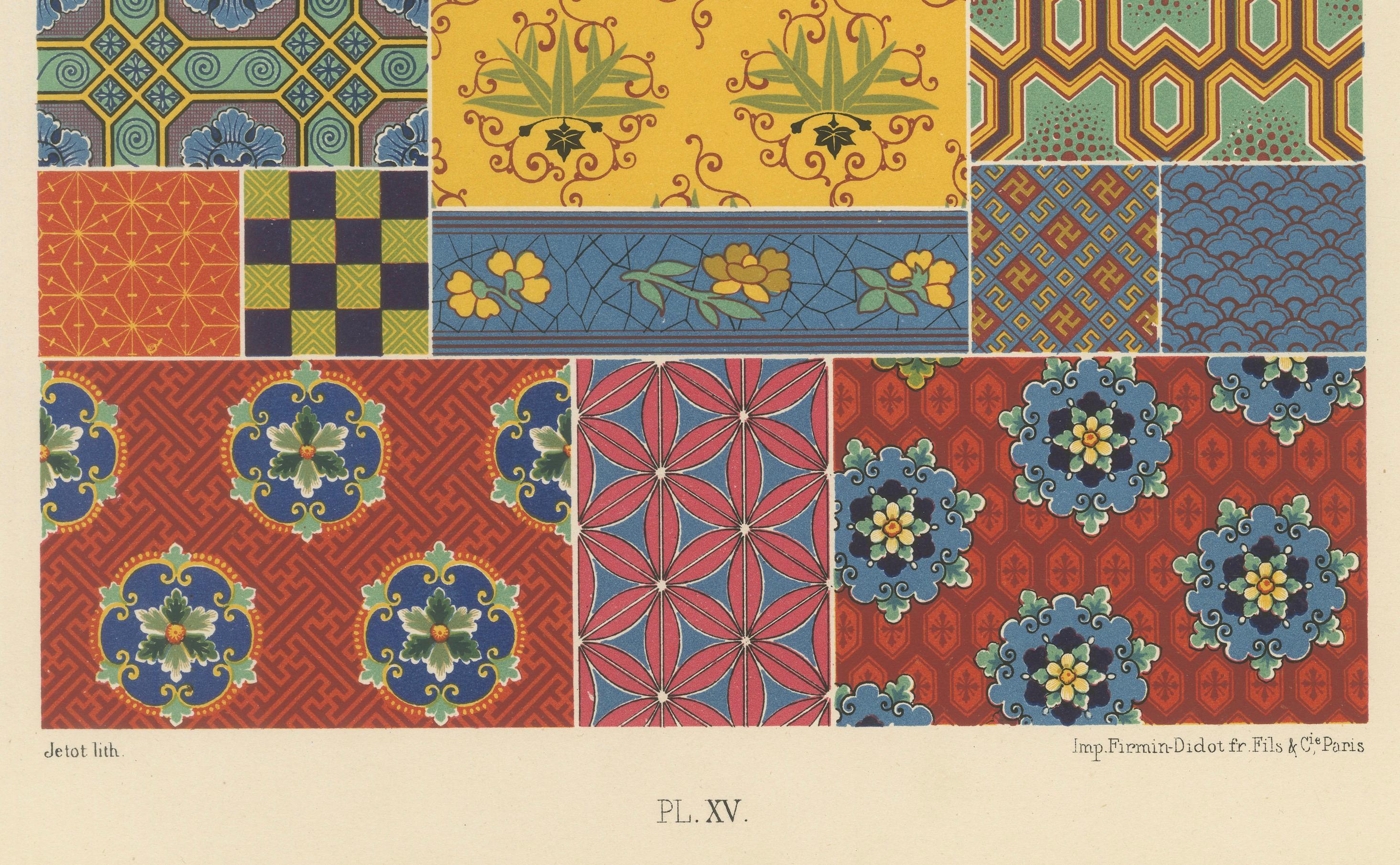 Impression de motifs textiles chinois et japonais - Lithographie ancienne de motifs géométriques, c.1869

Cette étonnante chromolithographie présente une grille richement agencée de motifs textiles chinois et japonais, illustrant la maîtrise de la