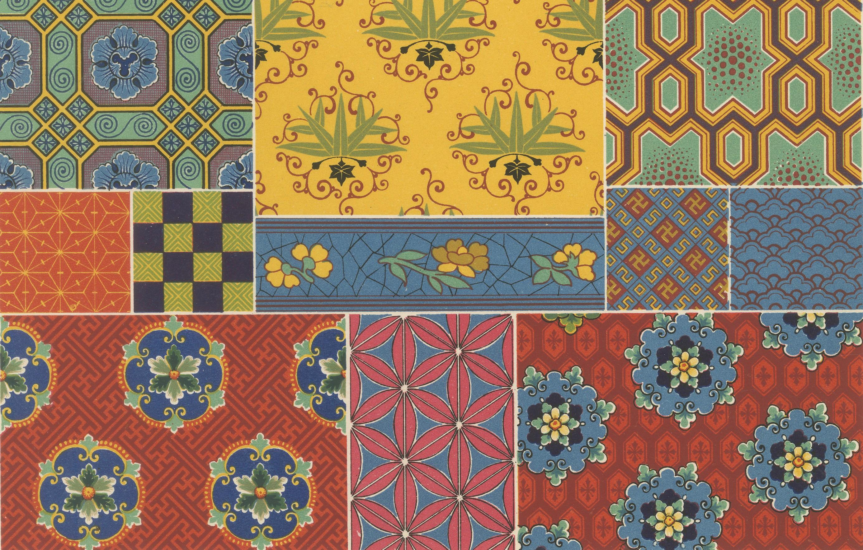 Impression de motifs textiles chinois et japonais - Lithographie de designs géométriques, 1869 Bon état - En vente à Langweer, NL