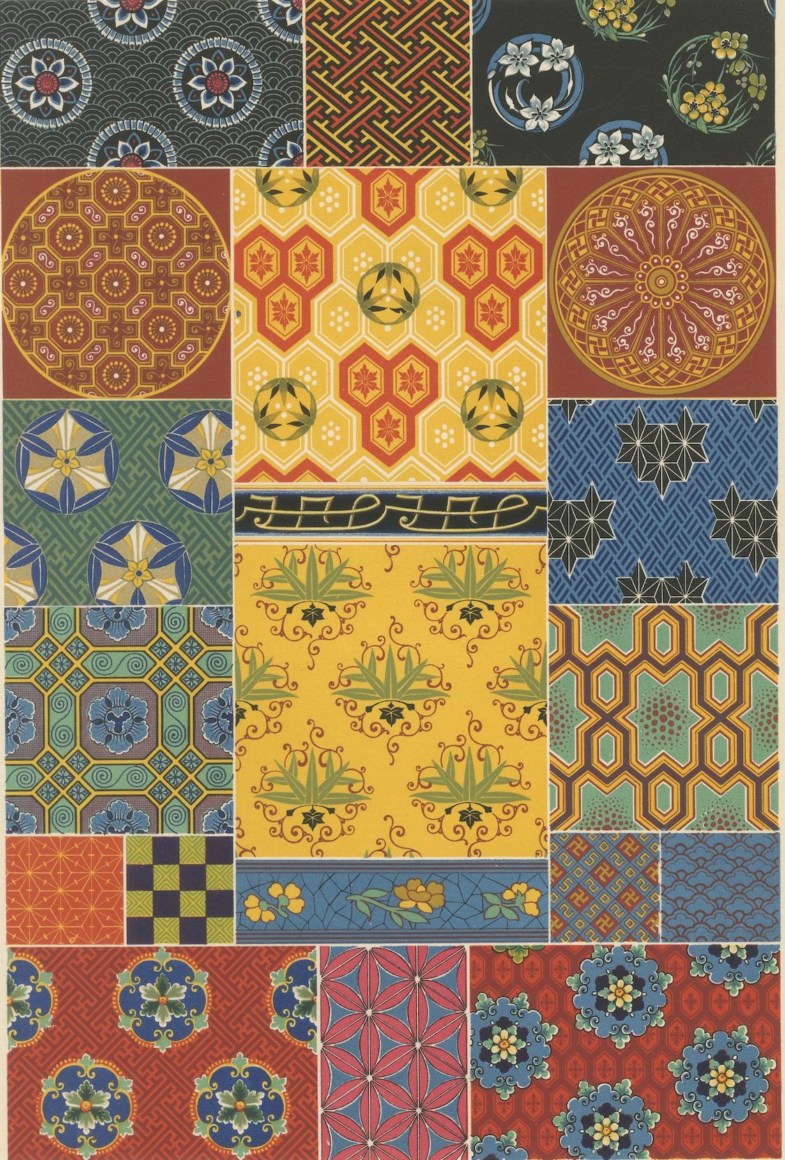 XIXe siècle Impression de motifs textiles chinois et japonais - Lithographie de designs géométriques, 1869 en vente