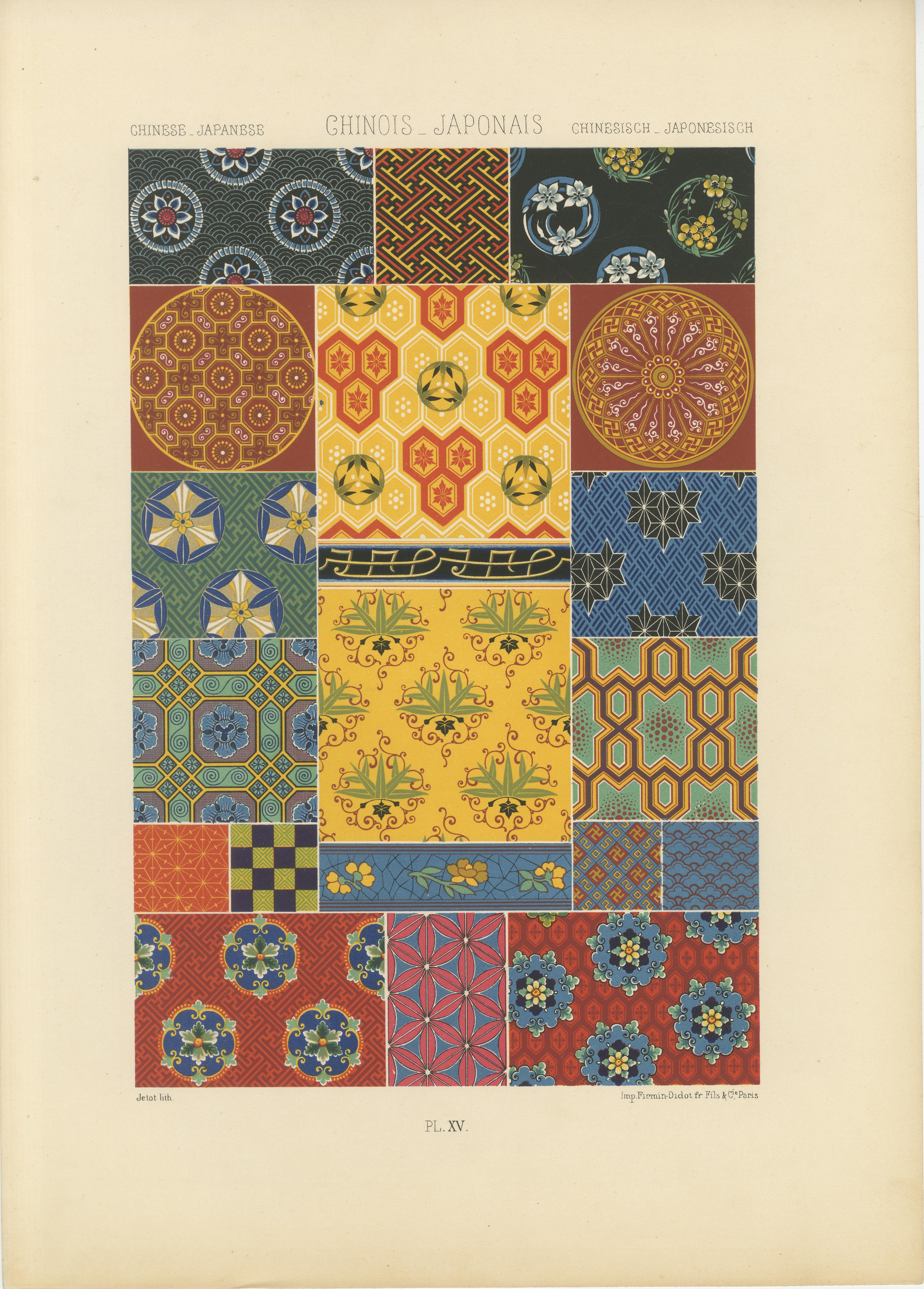 Impression de motifs textiles chinois et japonais - Lithographie de designs géométriques, 1869