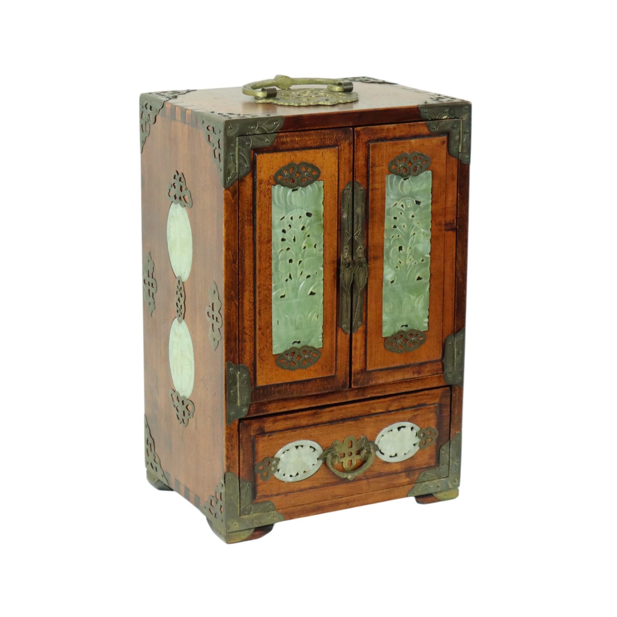 Chinoiserie Chinese Jewelry Box Jewelry Box Jade Rosewood Brass Vintage For Sale