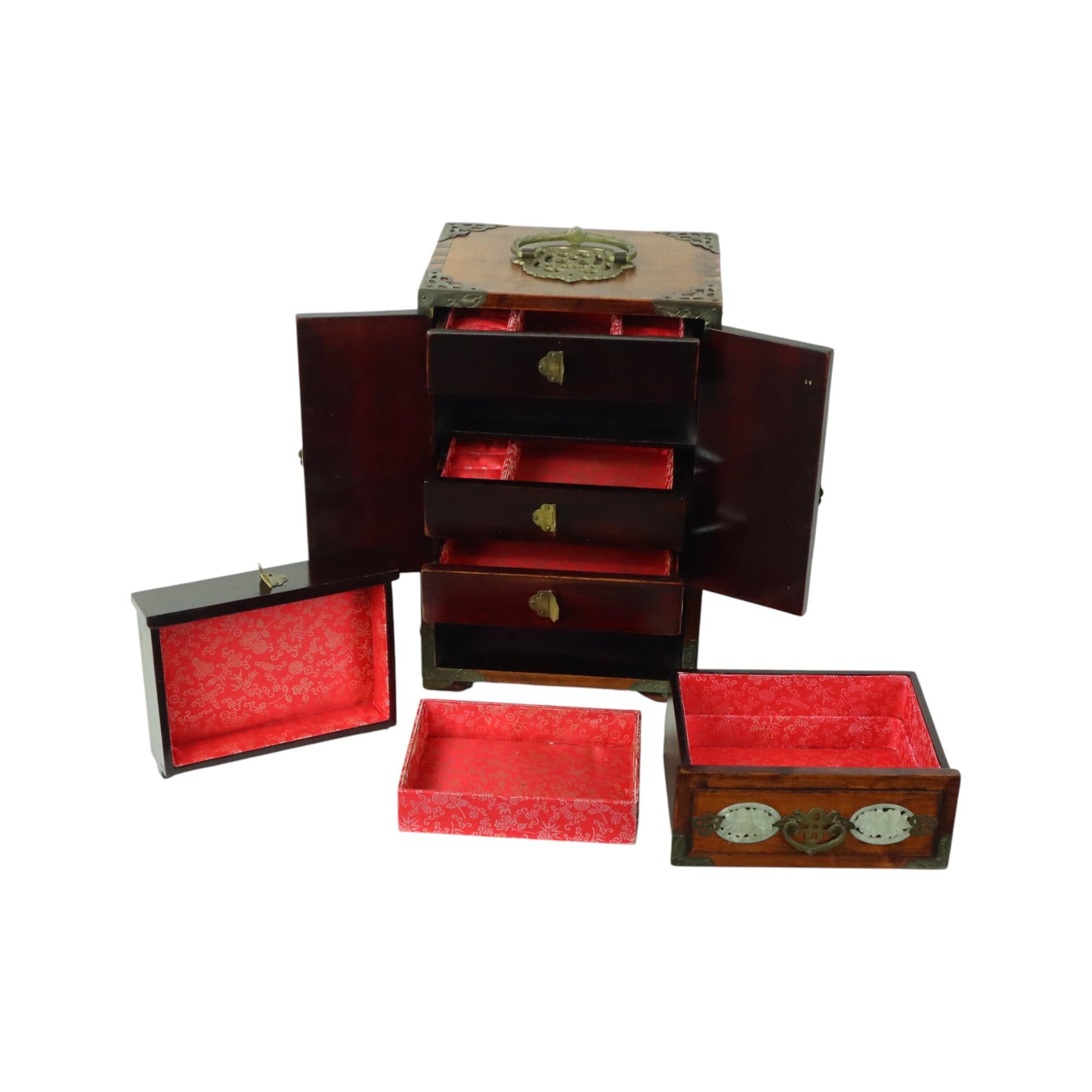 20th Century Chinese Jewelry Box Jewelry Box Jade Rosewood Brass Vintage For Sale