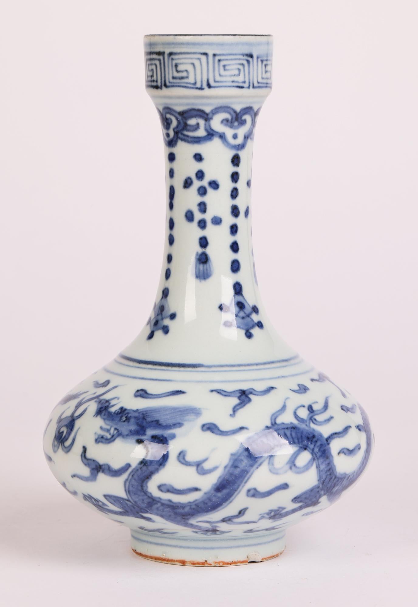 Glazed Chinese Jiajing Mark Blue & White Dragon Painted Porcelain Vase
