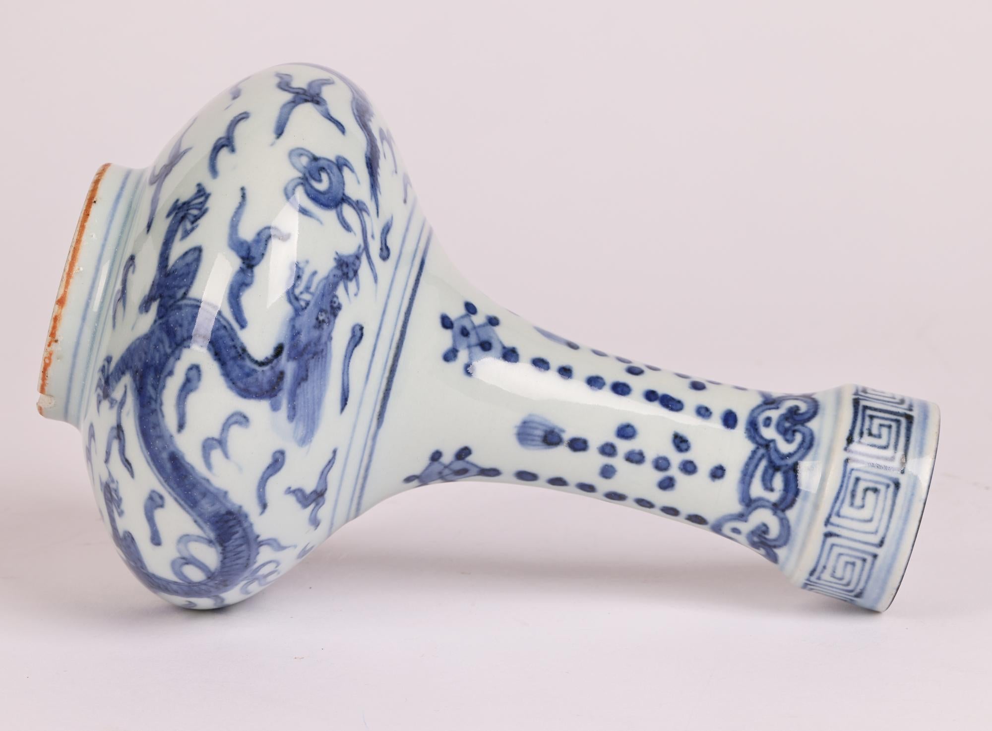 19th Century Chinese Jiajing Mark Blue & White Dragon Painted Porcelain Vase