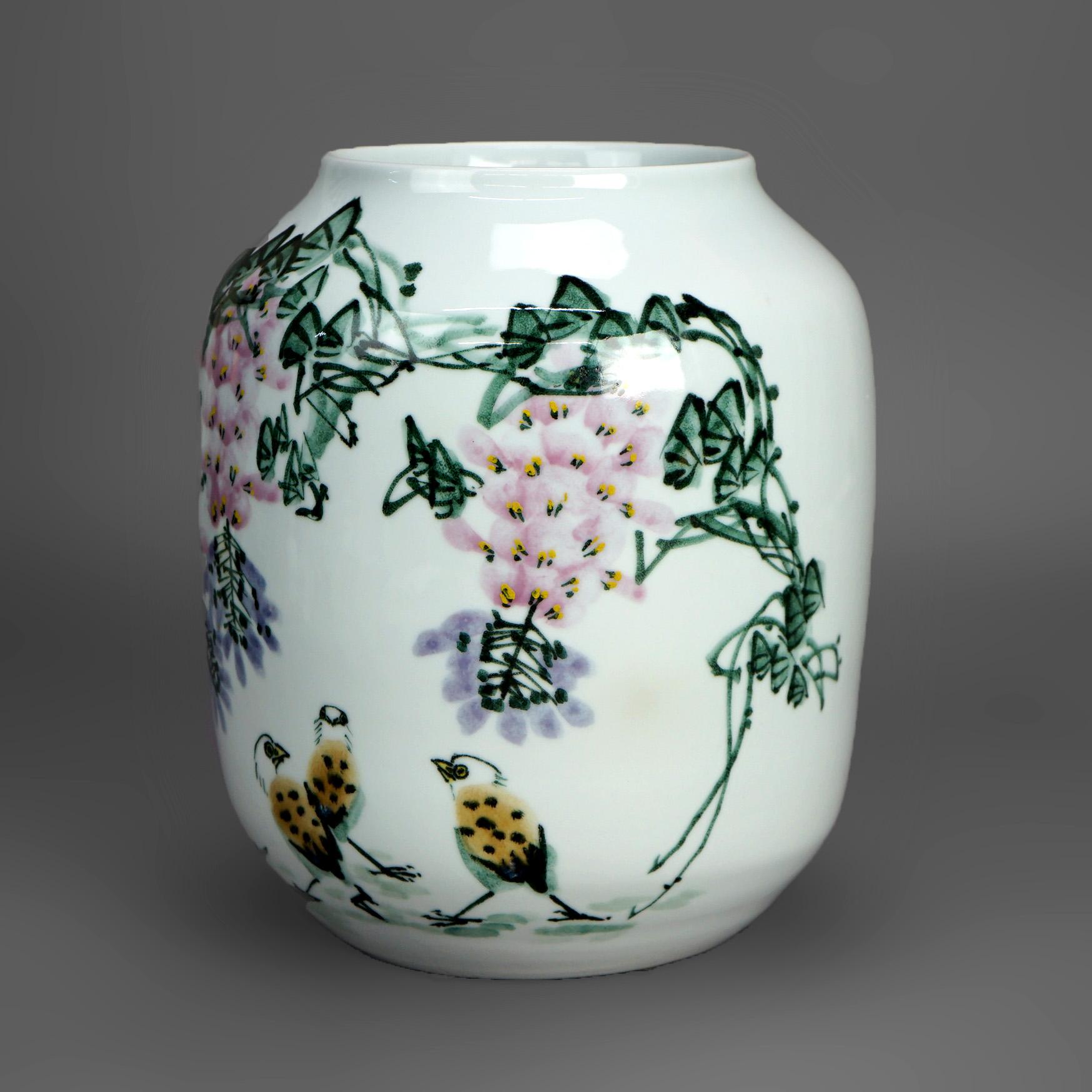 Chinese Jingdezhen Porcelain Jar Vase with Hand Painted Myrtle Design 20thC In Good Condition For Sale In Big Flats, NY