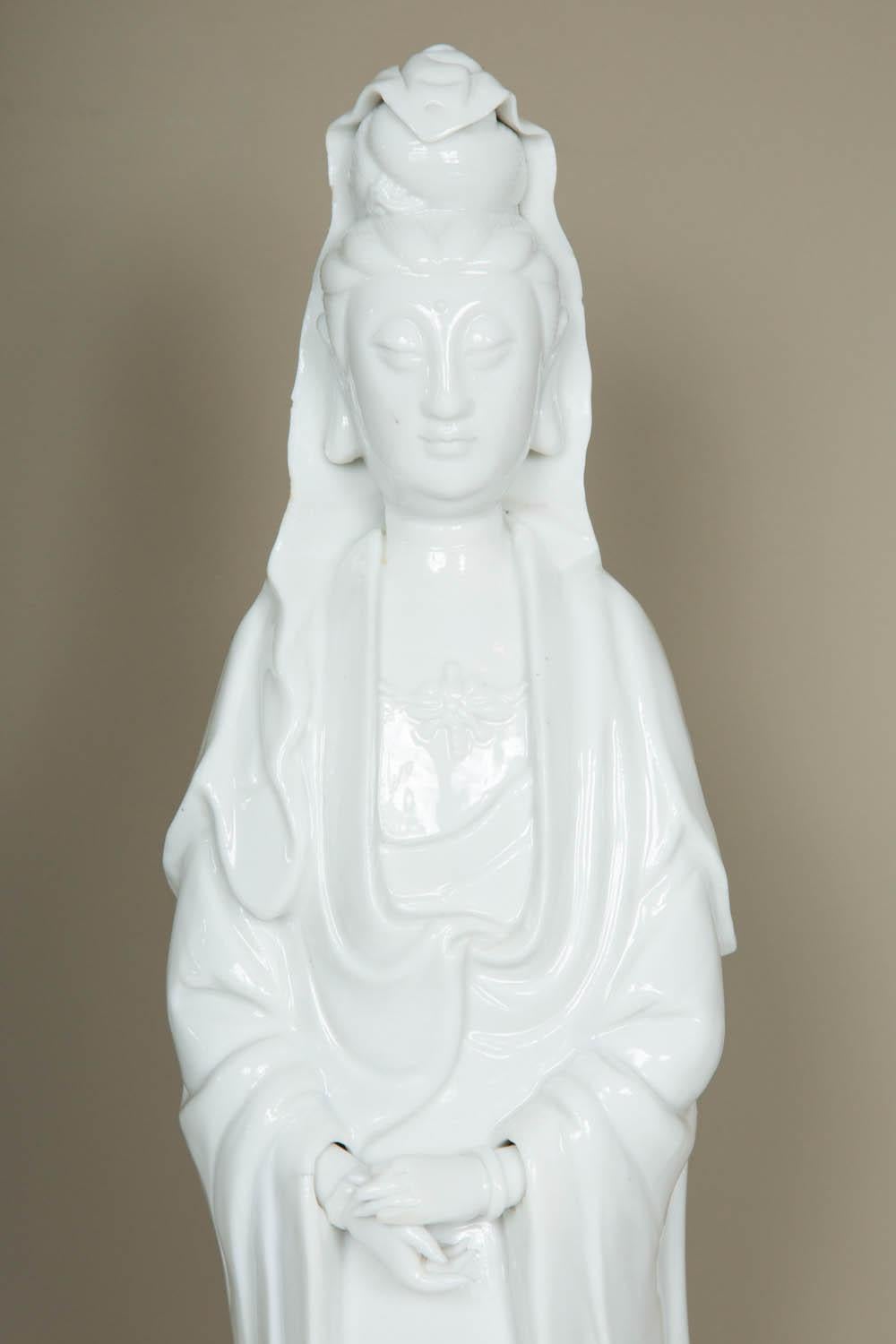 A Kangxi period (1662-1722) Blanc de Chine porcelain model of a standing Guanyin from the kilns in Dehua, Fujian Province.
Measures: Height cm 45
Condition: Perfect apart for three broken fingers from her left hand

Guanyin :
Figures of Guanyin are